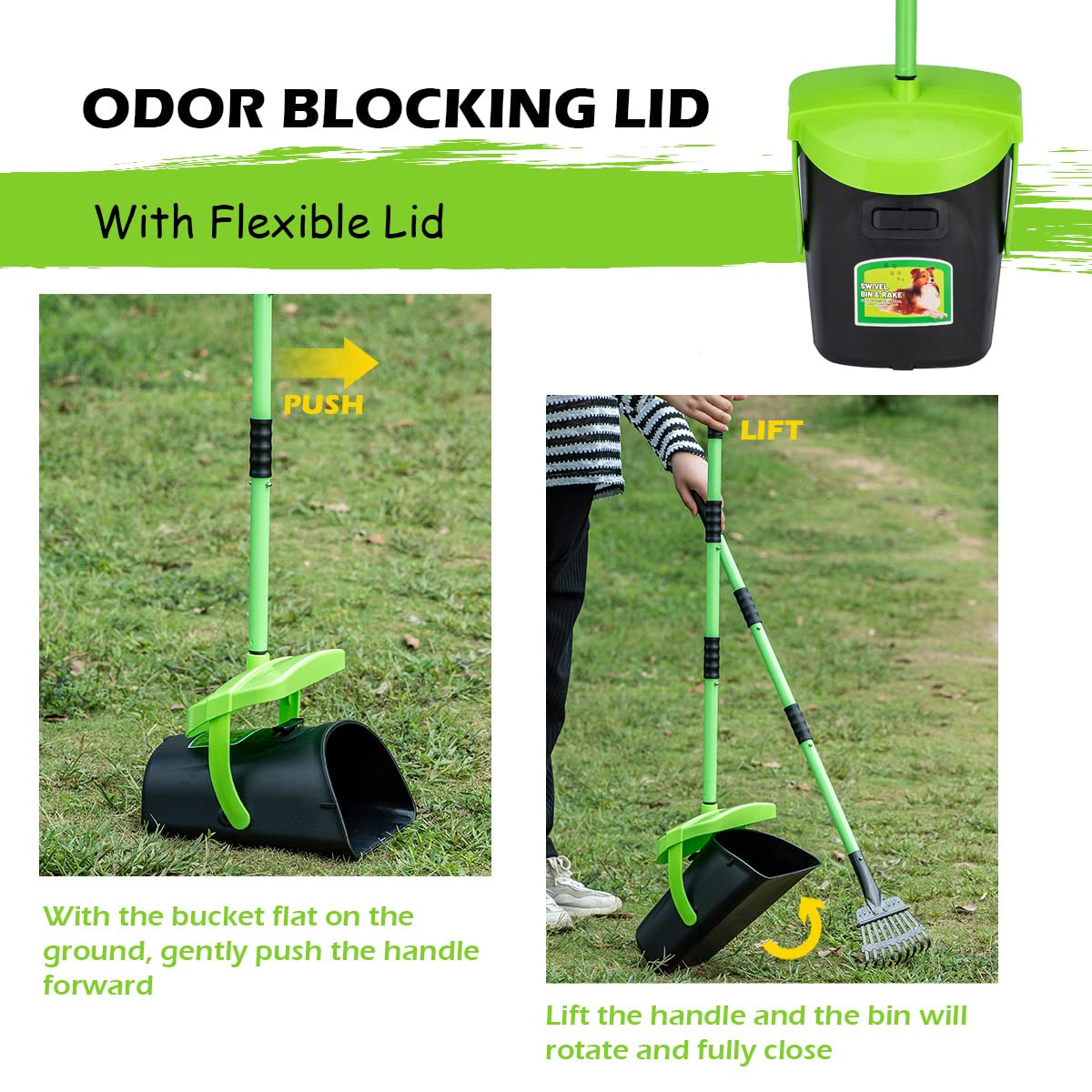 MXF Pooper Scooper Kit with 36.6" Adjustable Handle, Green - Includes Swivel Bin, Rake, and 20 Waste Bags for Dogs