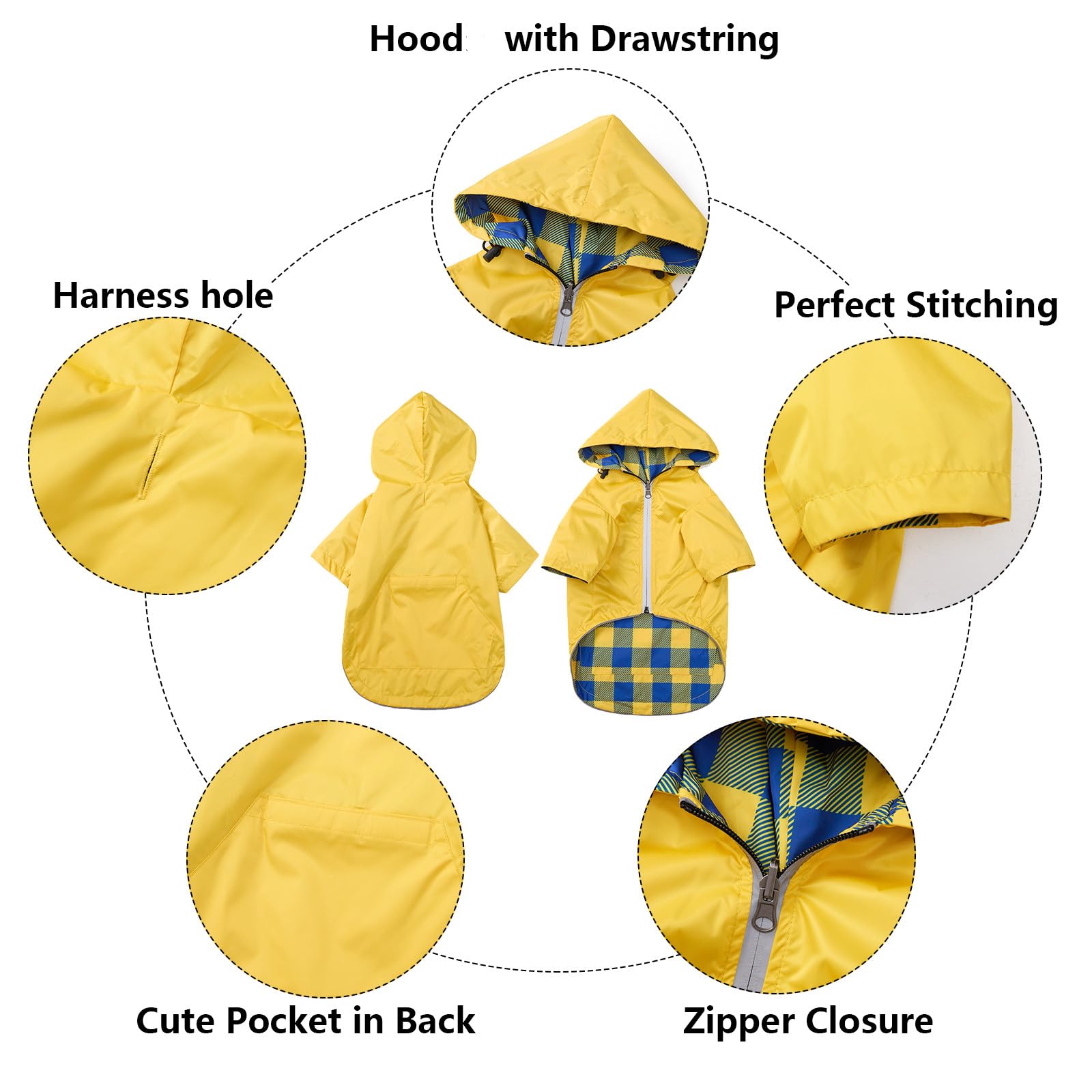 Dog Raincoat Dogs Waterproof Reversible Rain Jacket Dog Small Medium Breeds Reflective Zipper Storage Pocket Harness Hole - Yell
