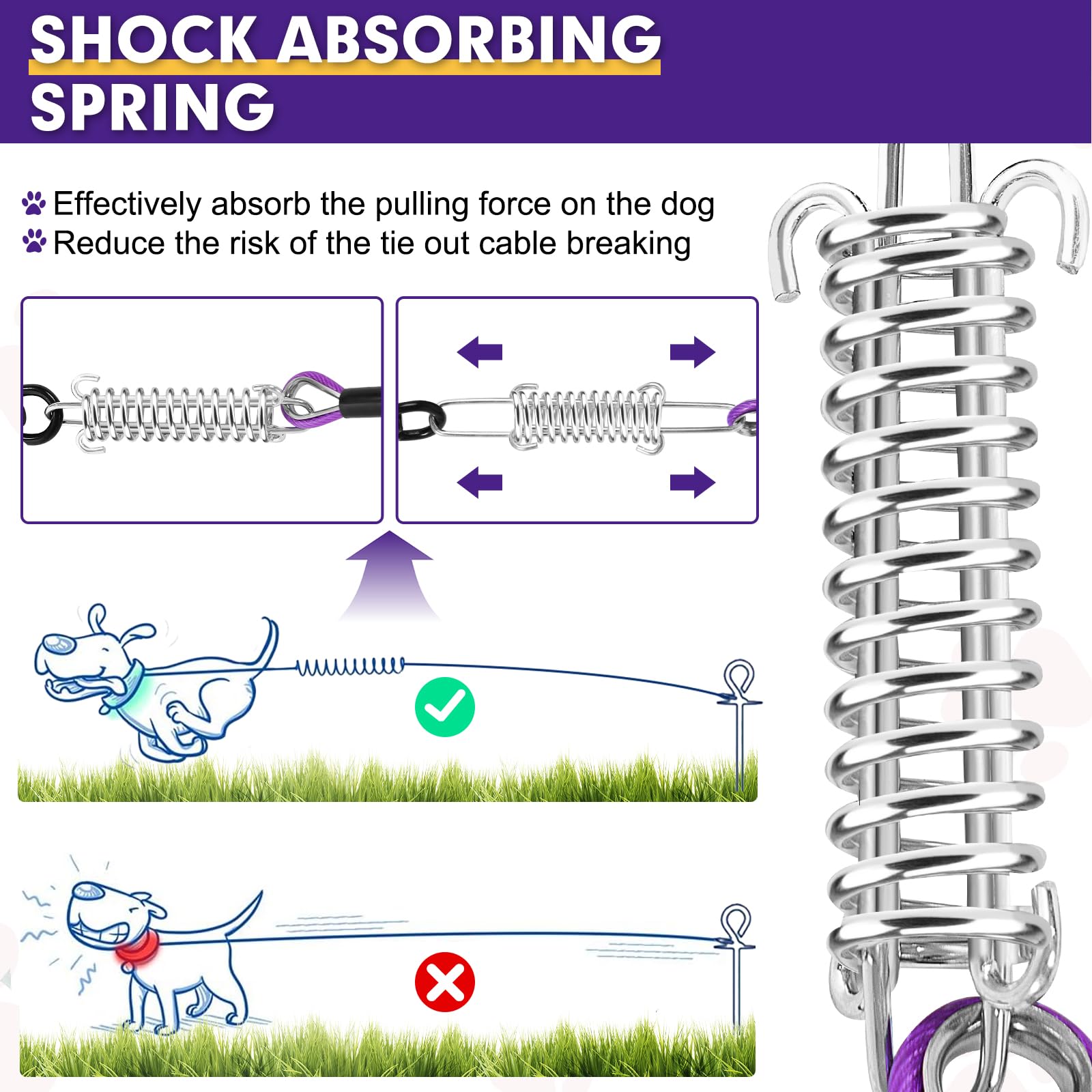 Snagle Paw Heavy Duty Long Dog Leads For Yard 200Ft-1000Lbs Break Strength,Dog Tie Out Cable With Swivel Lockable Hook & Spring,