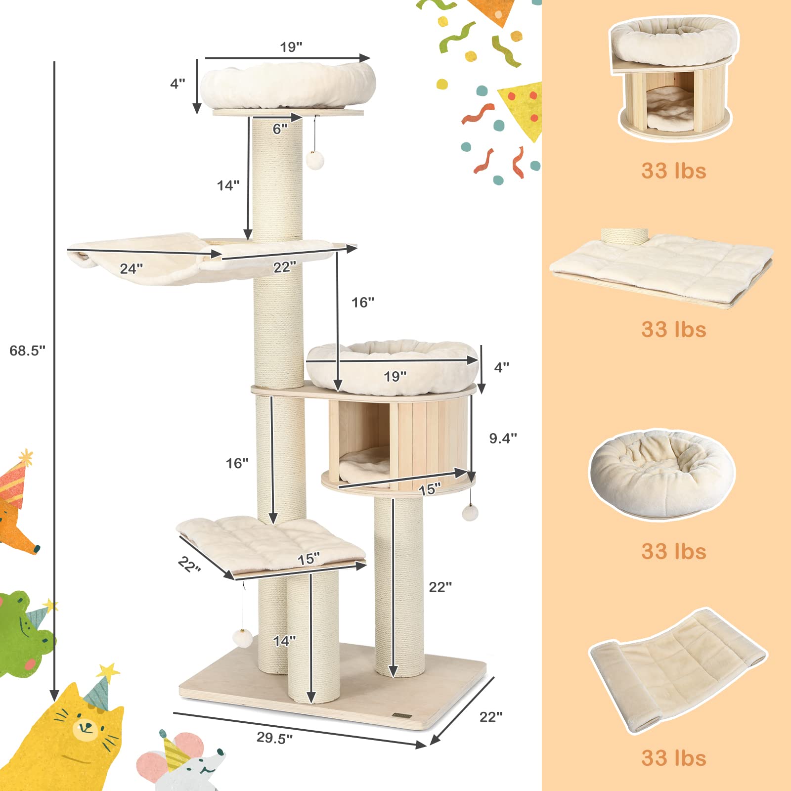 Petsite 68.5' Tall Cat Tree, Multi-Level Modern Cat Tower With Sisal Scratching Posts, Top Perch, Cat Condo, Hammock, Jingling Balls, And Washable Cushions, Cat Tree Tower For Indoor Cats Large Adult
