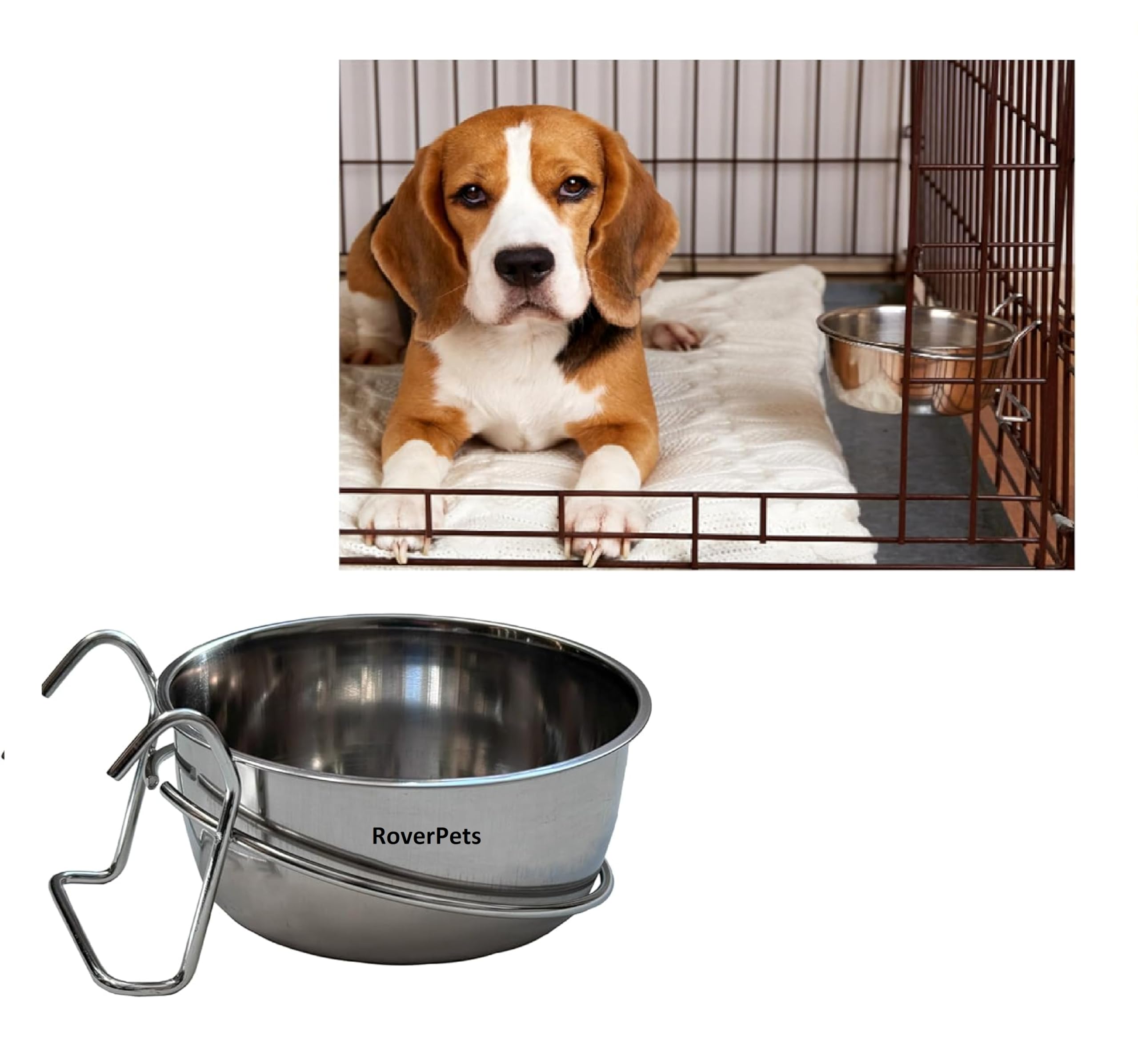 Roverpets Stainless Steel Coop Cup With Wire Hooks  Durable, ChewResistant Food/Water Bowl For Cages & Crates, Easy Install & 