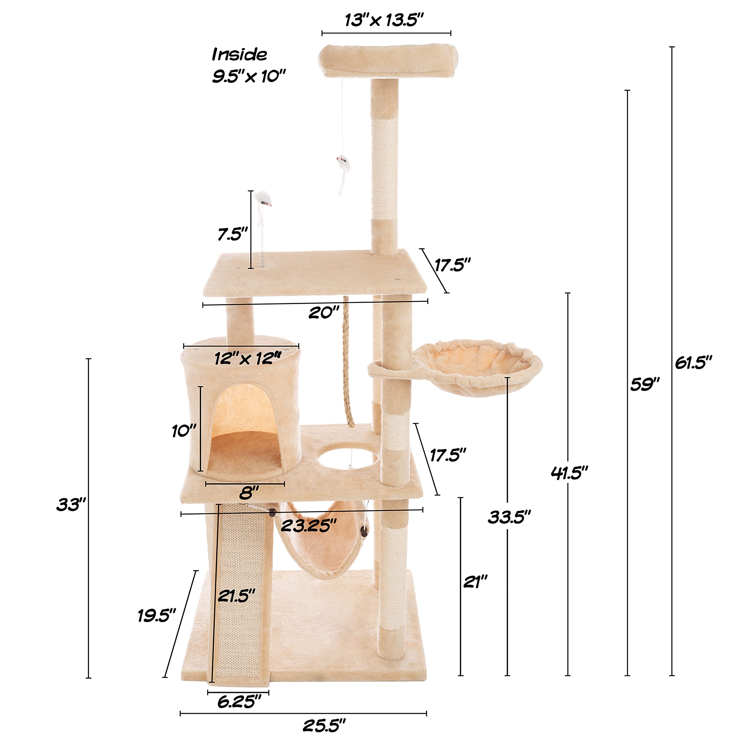 4-Tier Indoor Cat Tower - Deluxe 6-Post Scratcher with Board, Napping Perches, Sleeping Condo, Hammocks, and Hanging Toys for Ca