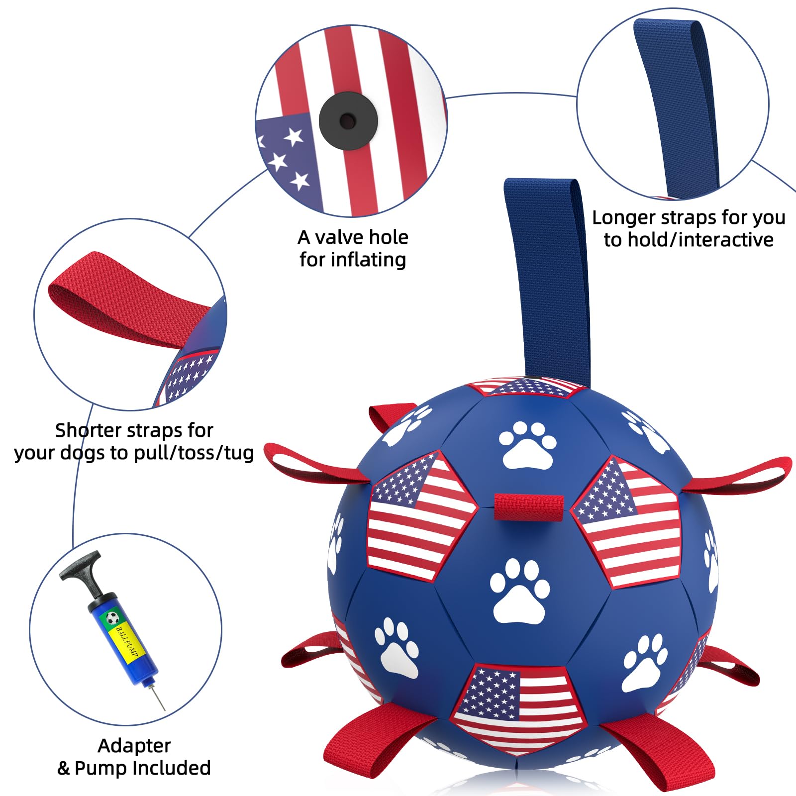 QDAN Dog Soccer Ball - Durable 6 Inch Water Toy for Small Medium Dogs, American Flag Design, Ideal for Tug of War and Beach Fun
