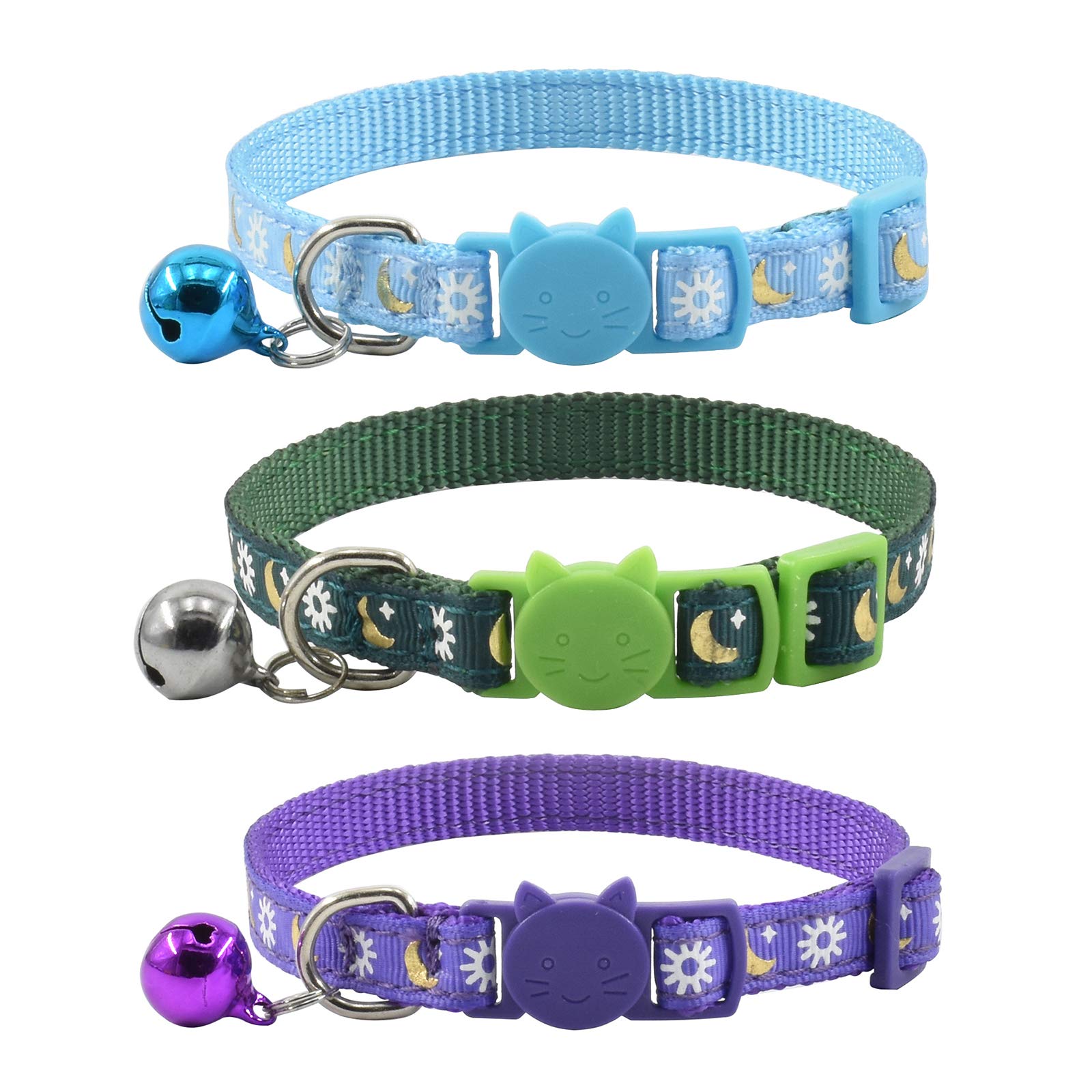 3 Pcs Breakaway Cat Collar With Bell, Moon Cat Collar Adjustable Cute Kitten Collars Soft For Cat Puppy 7-10.2In (Blue Green Purple)