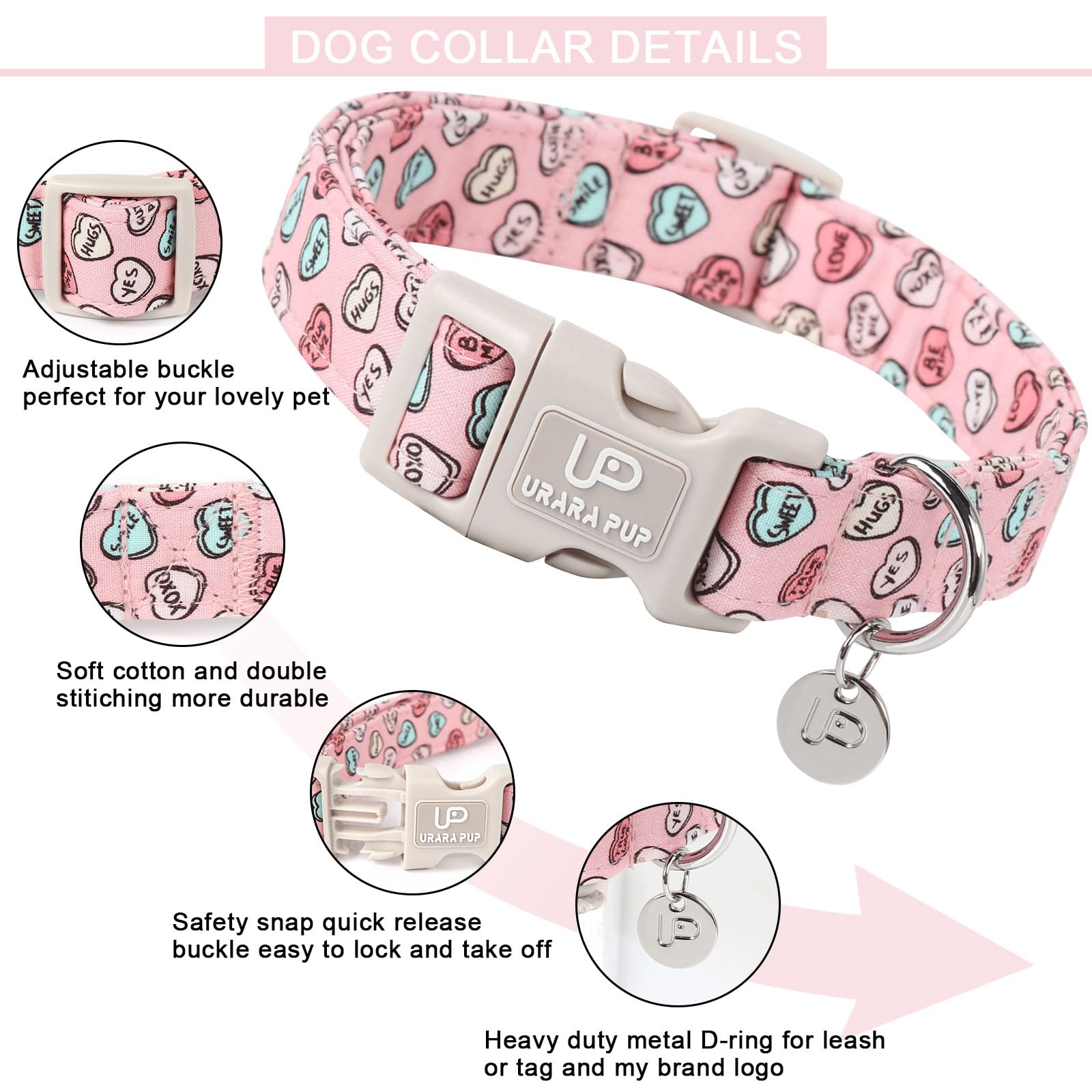 Up Urara Pup Pink Heart Dog Collar, Valentine'S Gift For Puppy, Small Medium Dogs, Cotton, Unique Craftsmanship Design