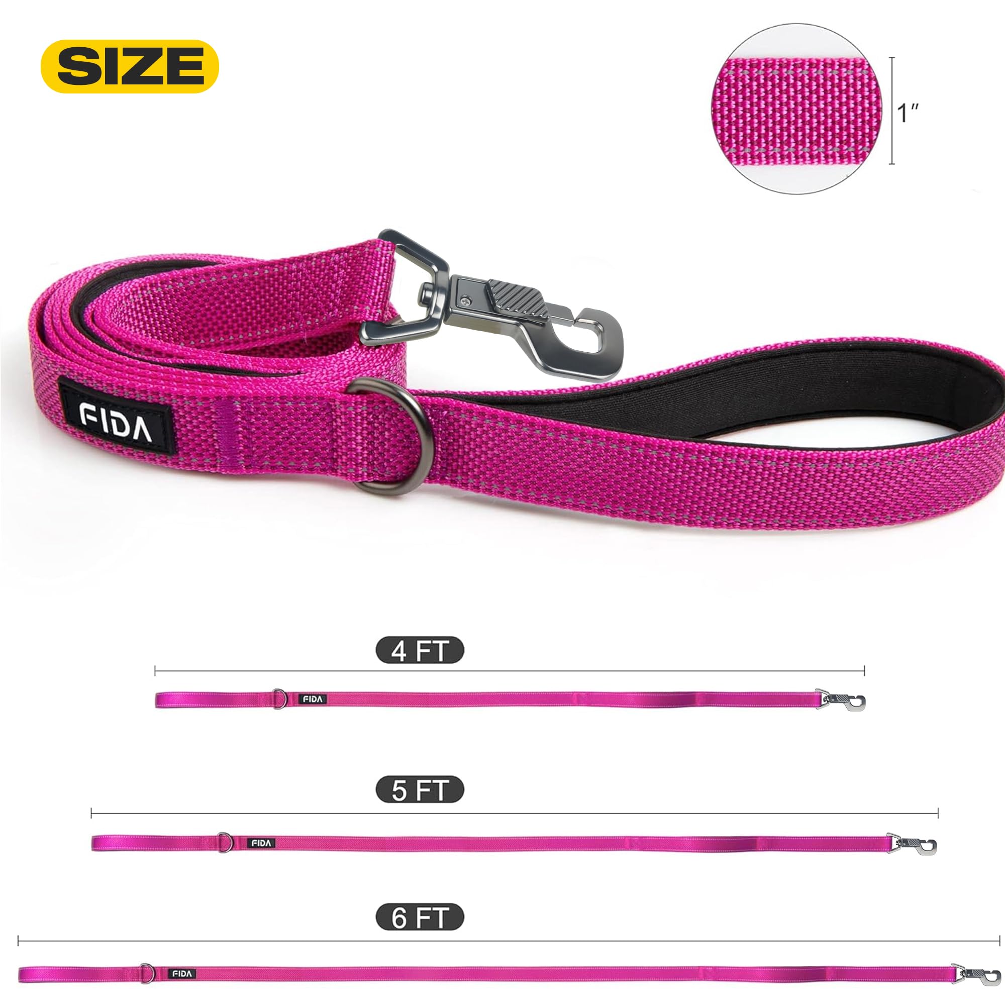 Fida 6 Ft Heavy Duty Dog Leash With 2 Comfortable Padded Handles, Traffic Handle & Advanced Easy Snap Hook, Reflective Walking Lead For Large, Medium & Small Breed Dogs, Rose