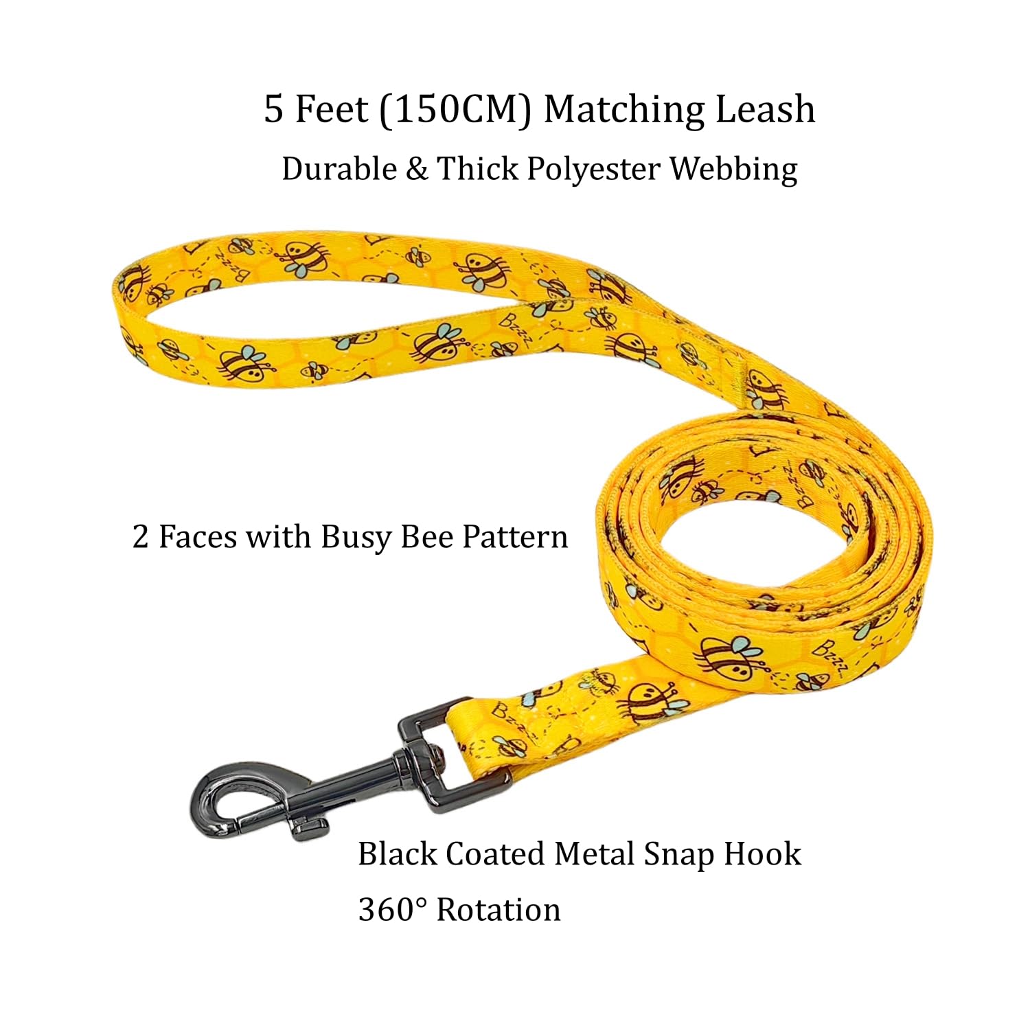 Olahibi Dog Collar Leash Set, Busy Bee Pattern, 5Ft Matching Leash, Polyester Material, 4 For Small Medium Large Dogs.(L, Bee)