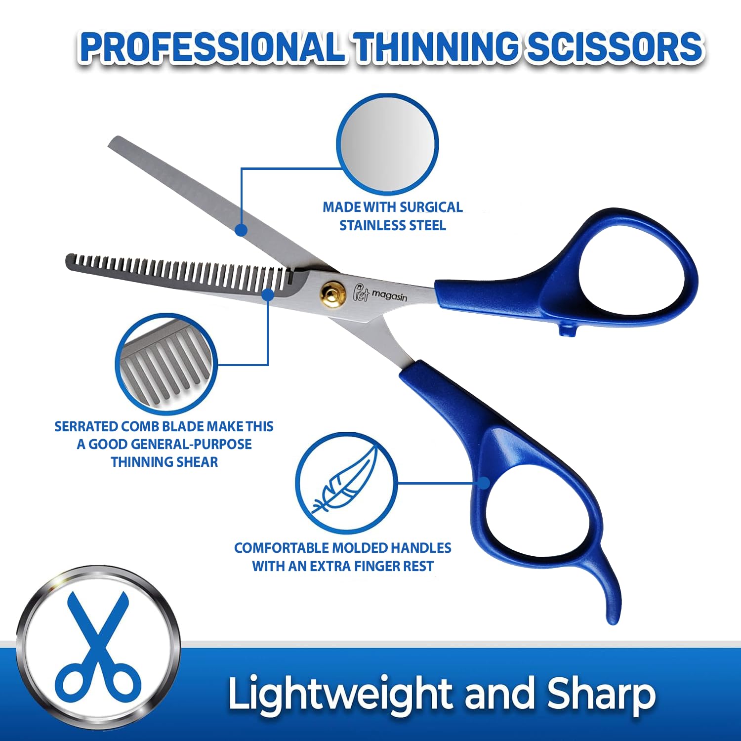 Pet Magasin Pet Thinning Shears - Professional Thinning Scissors With Toothed Blade - Blue