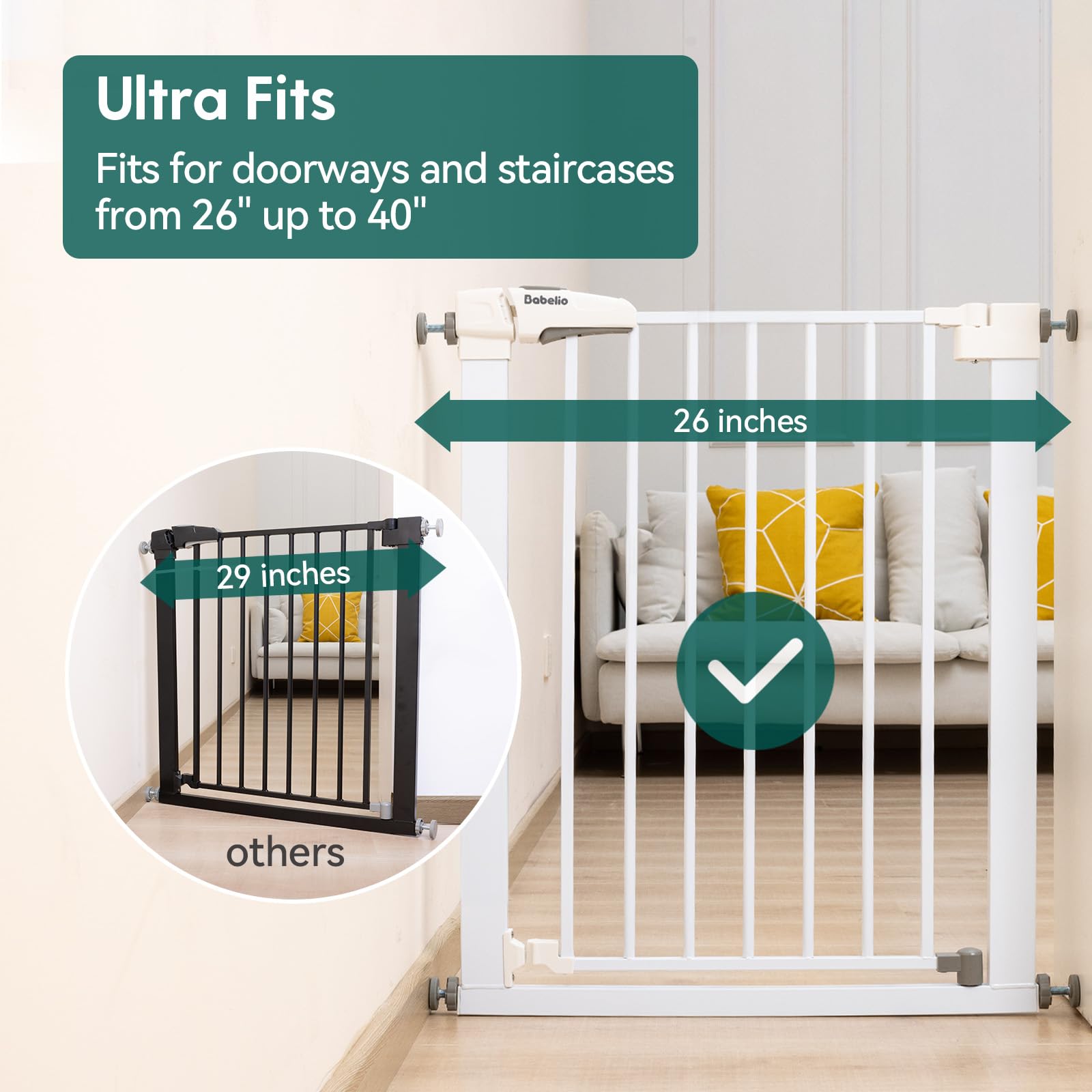 Babelio Baby Gate For Doorways And Stairs, 26-40 Inches Dog/Puppy Gate, Easy Install, Pressure Mounted, No Drilling, Fits For Narrow And Wide Doorways, Safety Gate W/Door For Child And Pets