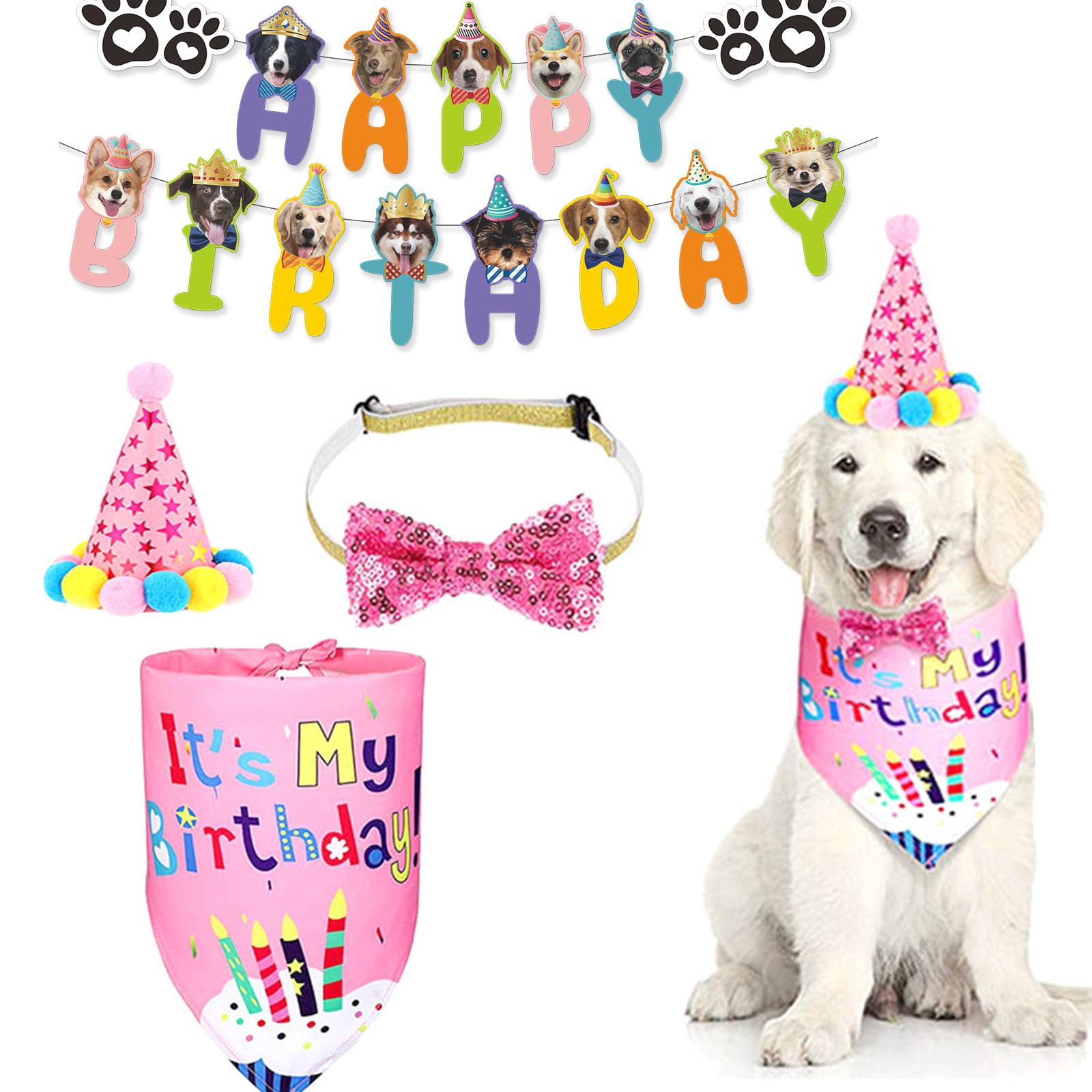 Agirlvct Dog Birthday Party Supplies, Girl Dog Puppy Theme Birthday Decorations,Dog Birthday Hat,Bow Tie,Bandana,Banner for Smal