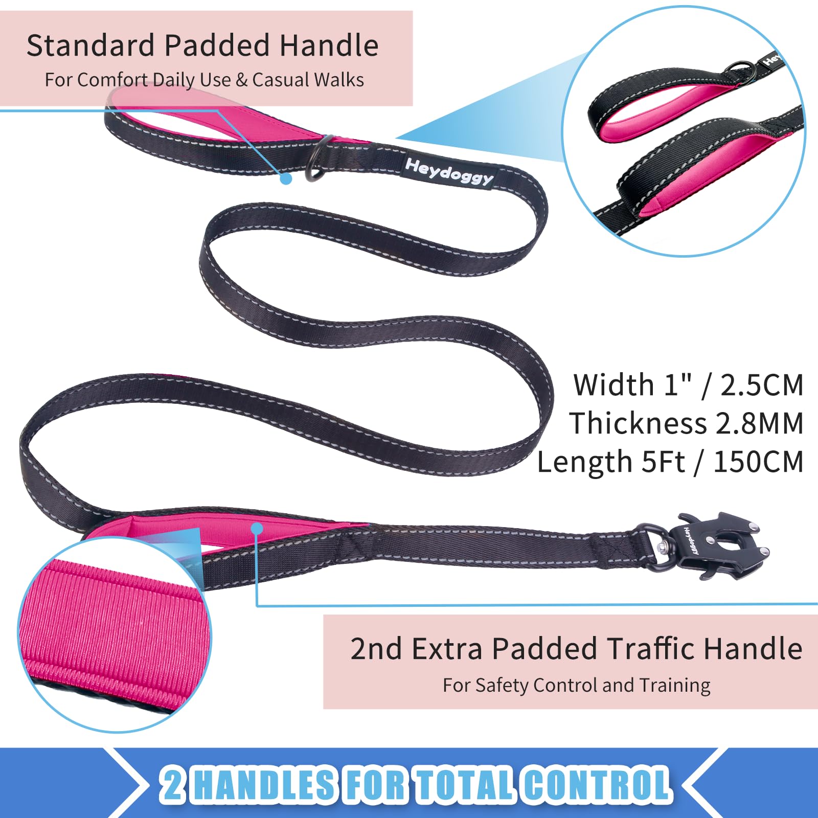 Strong Heavy Duty Dog Leash - 5Ft Reflective Nylon Training Leash With Soft Padded Double Handle & Auto Lock Frog Clip - Safety Traffic Control For Large Medium Small Dogs No Pull Walk Black Pink,5Ft