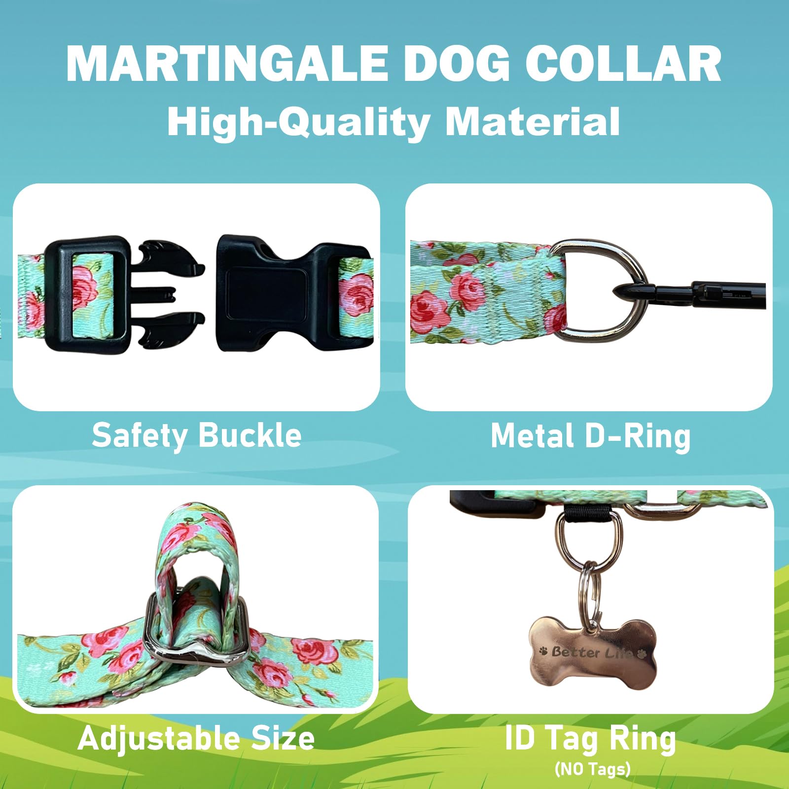 Fidohug Martingale Collar For Dogs With Buckle Green Floral No Pull Cute Girl Female Dog Collars For Medium Dogs, Green Rose