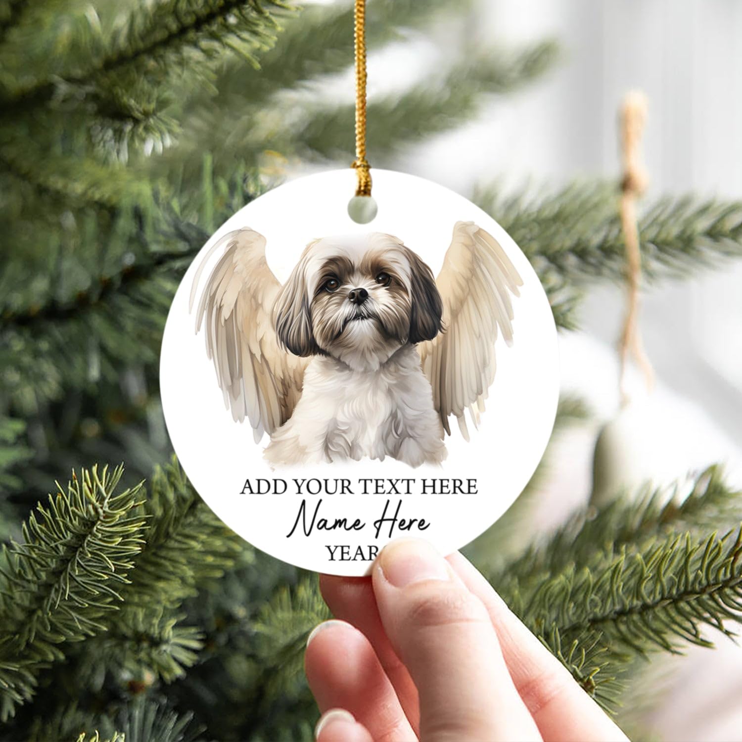 Shih Tzu Dog Memorial Christmas Ornament, Personalized Shih Tzu Dog Angel Wings Ornament, Gifts For Dog Mom Dog Dad, Custom Text Name & Year Christmas Tree Hanging, Loss Of Shih Tzu Dog Xmas Gifts