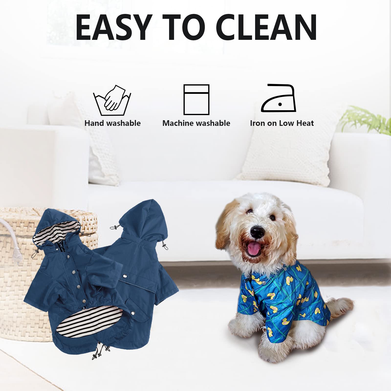 Dog Zip Up Dog Raincoat With Reflective Buttons, Rain/Water Resistant, Adjustable Drawstring, Removable Hood, Stylish Premium Dog Raincoats - Size Xs To Xxl Available - Dark Blue - Small