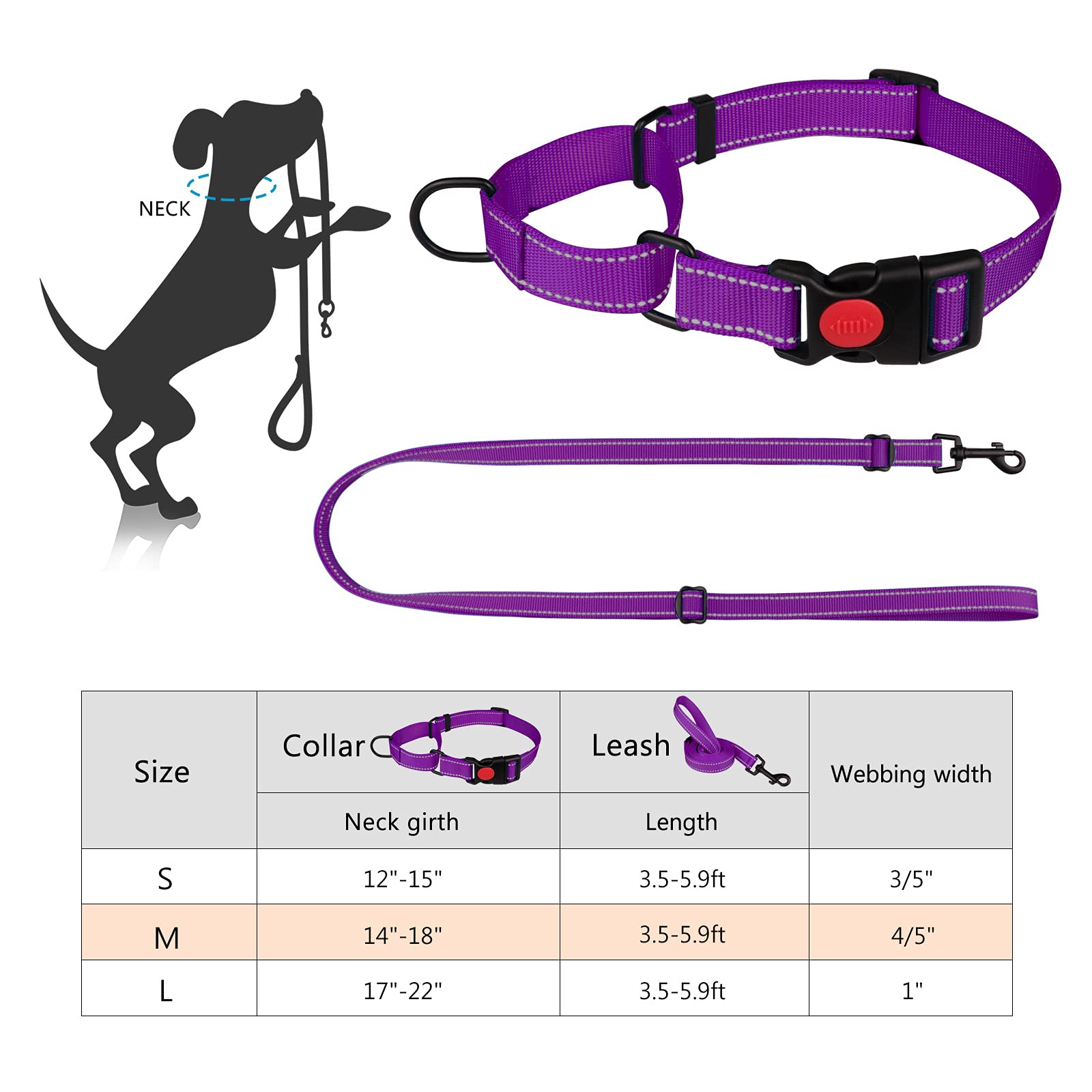Martingale Dog Collar And Leash Set Martingale Collars For Dogs Reflective Martingale Collar For Small Medium Large Dogs(Purple&M)