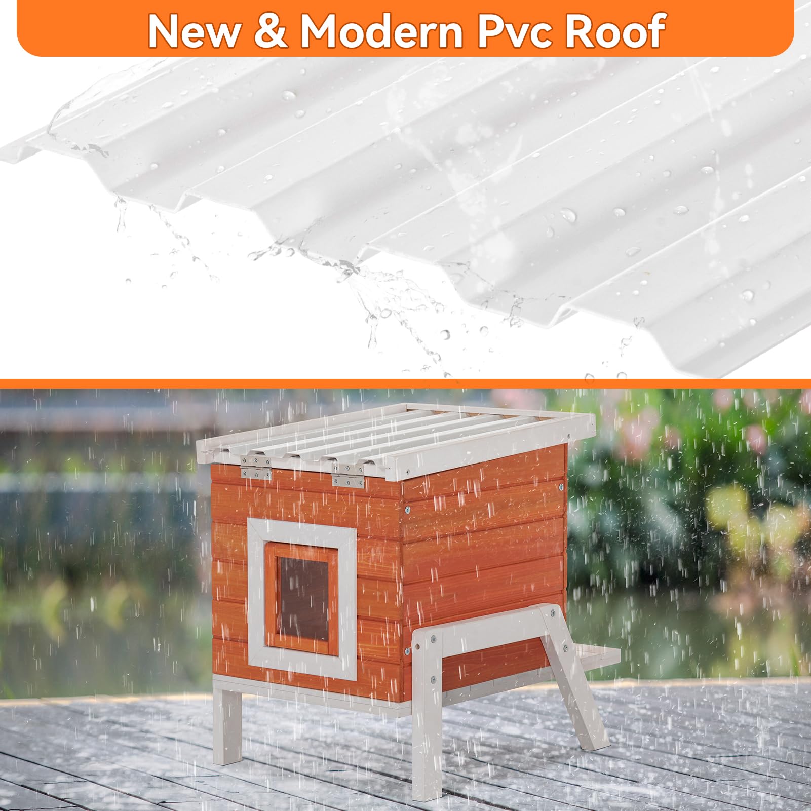 Petsfit Cat House Outdoor, Insulated High Feet + Feeding Station +Door Curtain, Wood Outside Cat House, Bunny Rabbit Hutch Orange