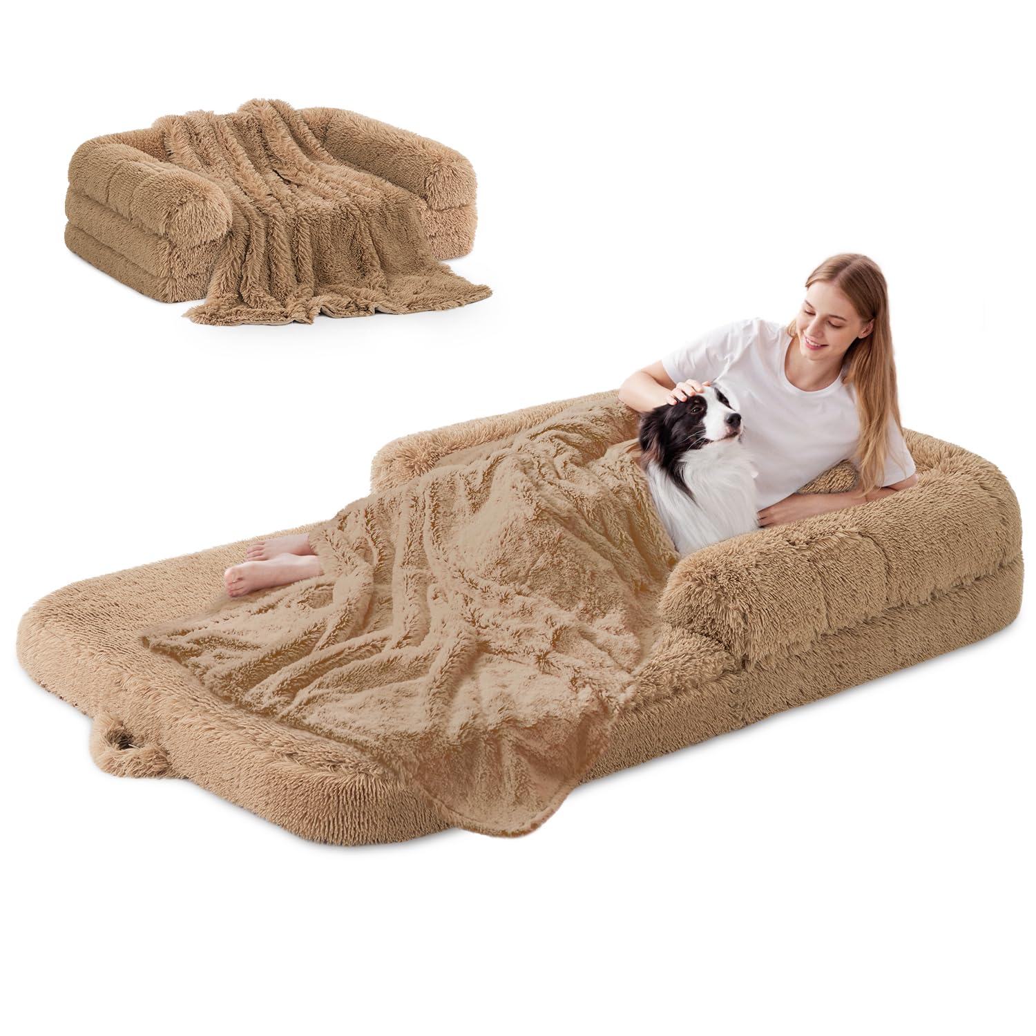 Zomisia Human Dog Bed For Adult, 2 In 1 Foldable Giant Dog Bed For People Fits Pet Families, Egg Foam Supportive Mat, Waterproof