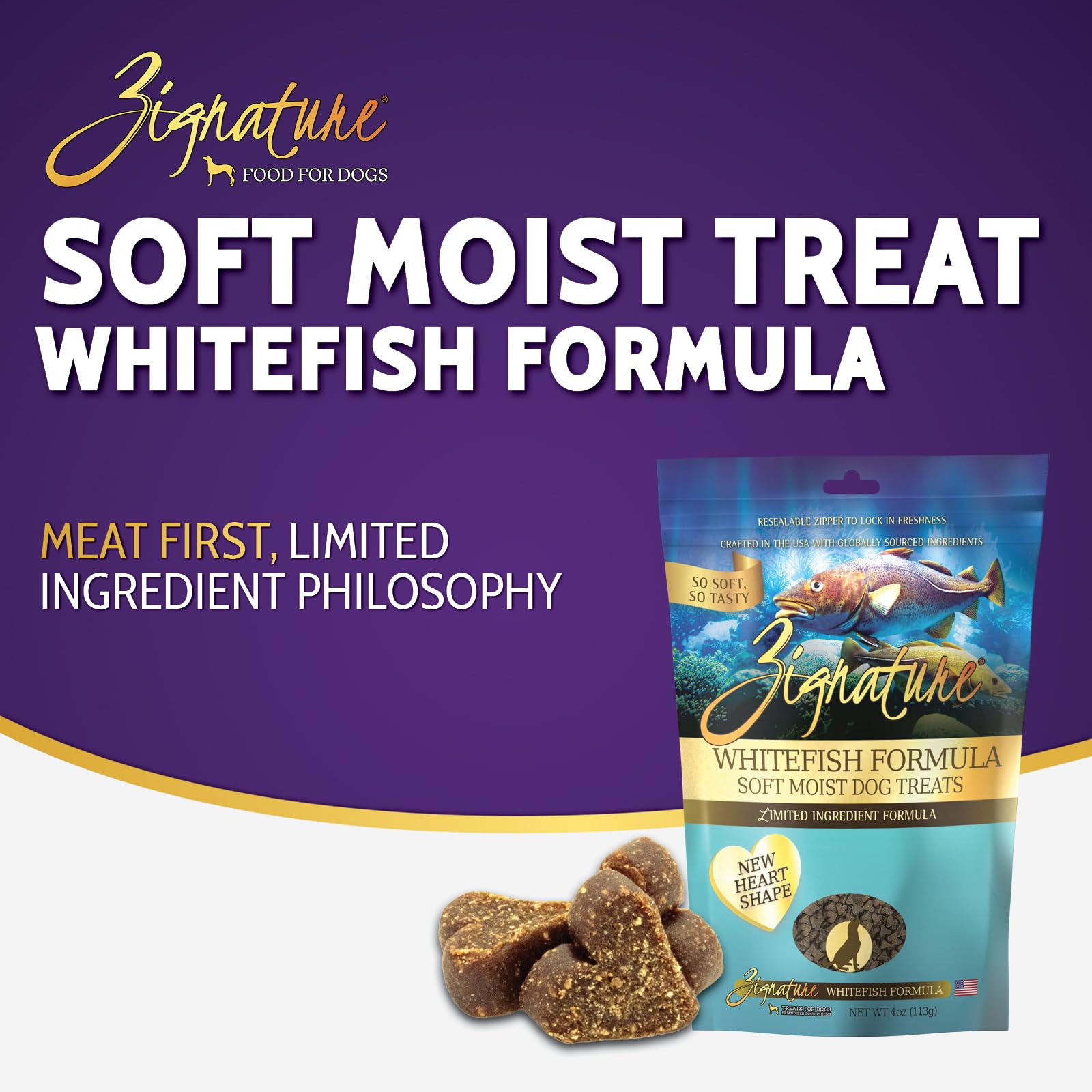 Zignature Whitefish Soft Moist Treats for Dogs - 4 Ounce Pack, Grain-Free, High-Protein Snack