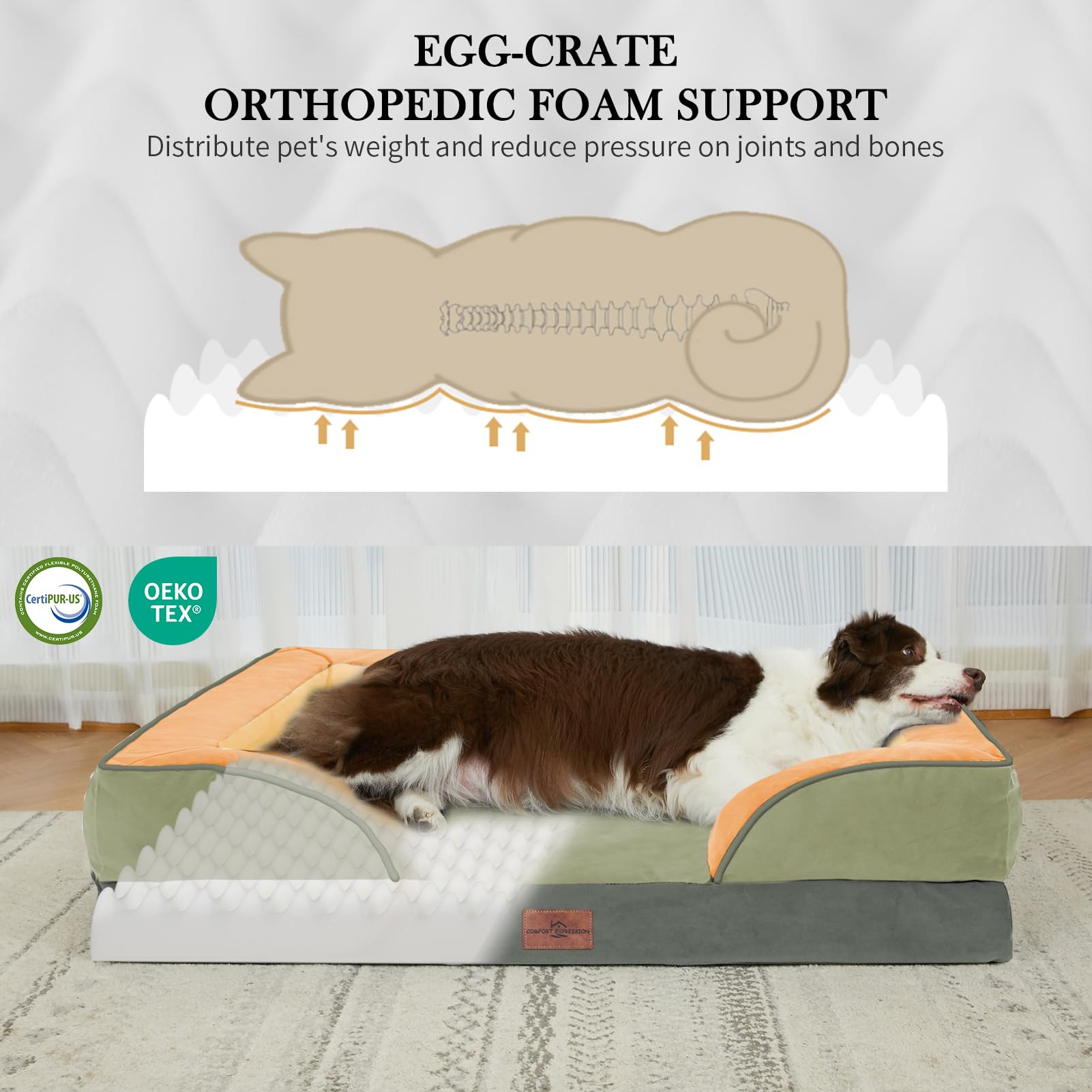 Comfort Expression Orthopedic Dog Bed for Extra Large Dogs 42x30 Inch, Waterproof Egg Crate Foam XL Pet Bed, Gifts for Christmas