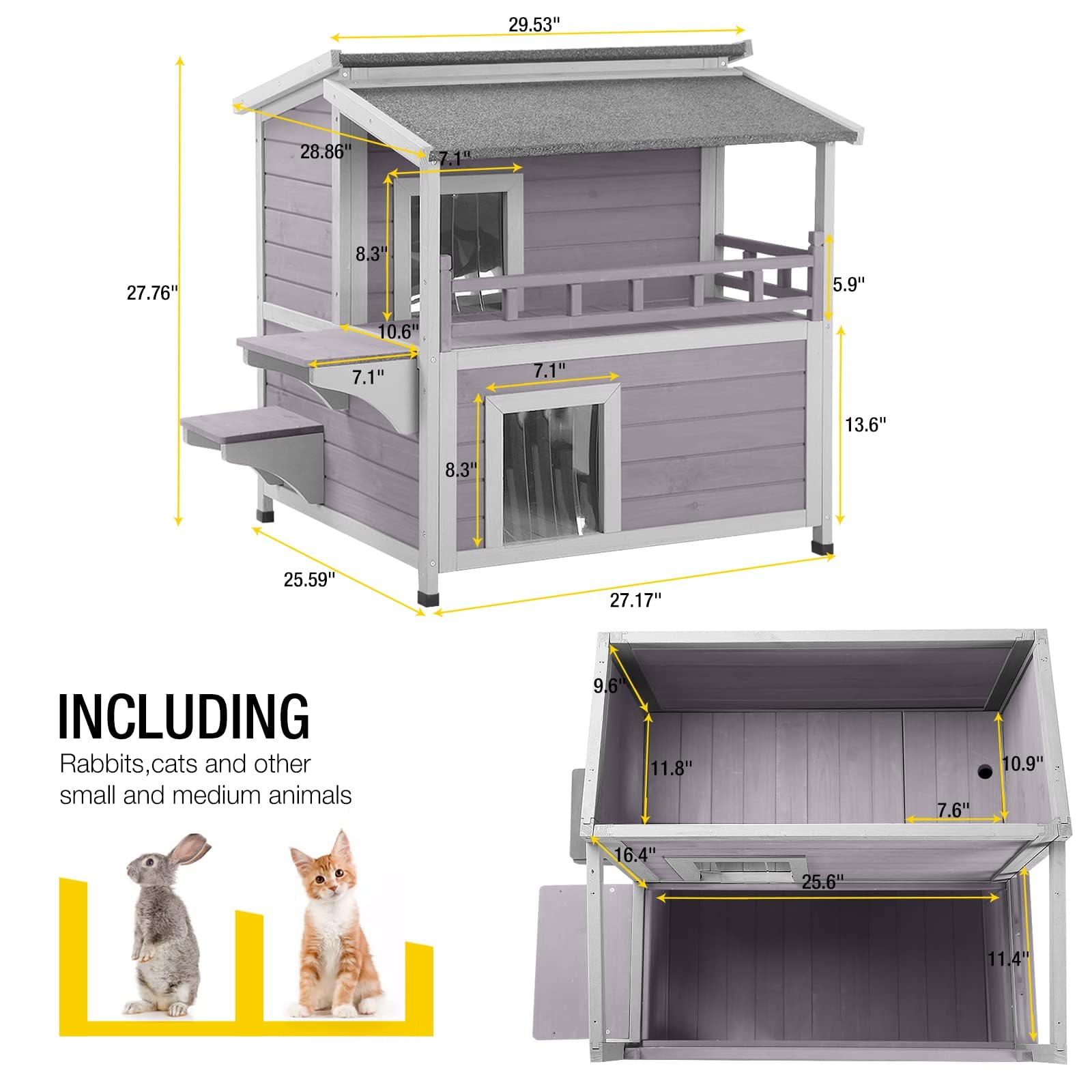 Aivituvin Outdoor Feral Cat House Wooden Kitty Shelter With Large Balcony,Escape Door,Waterproof