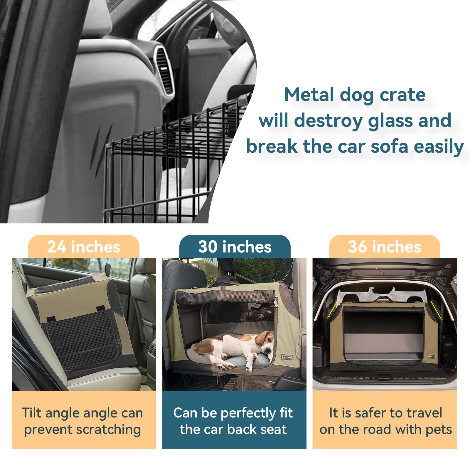 Petsfit Soft Dog Crate With Tilt Angle 36 Inch, Fit For Car Seats And Trunks, Multiple Carrying Options, Chew Proof Ideal For Dog Travel