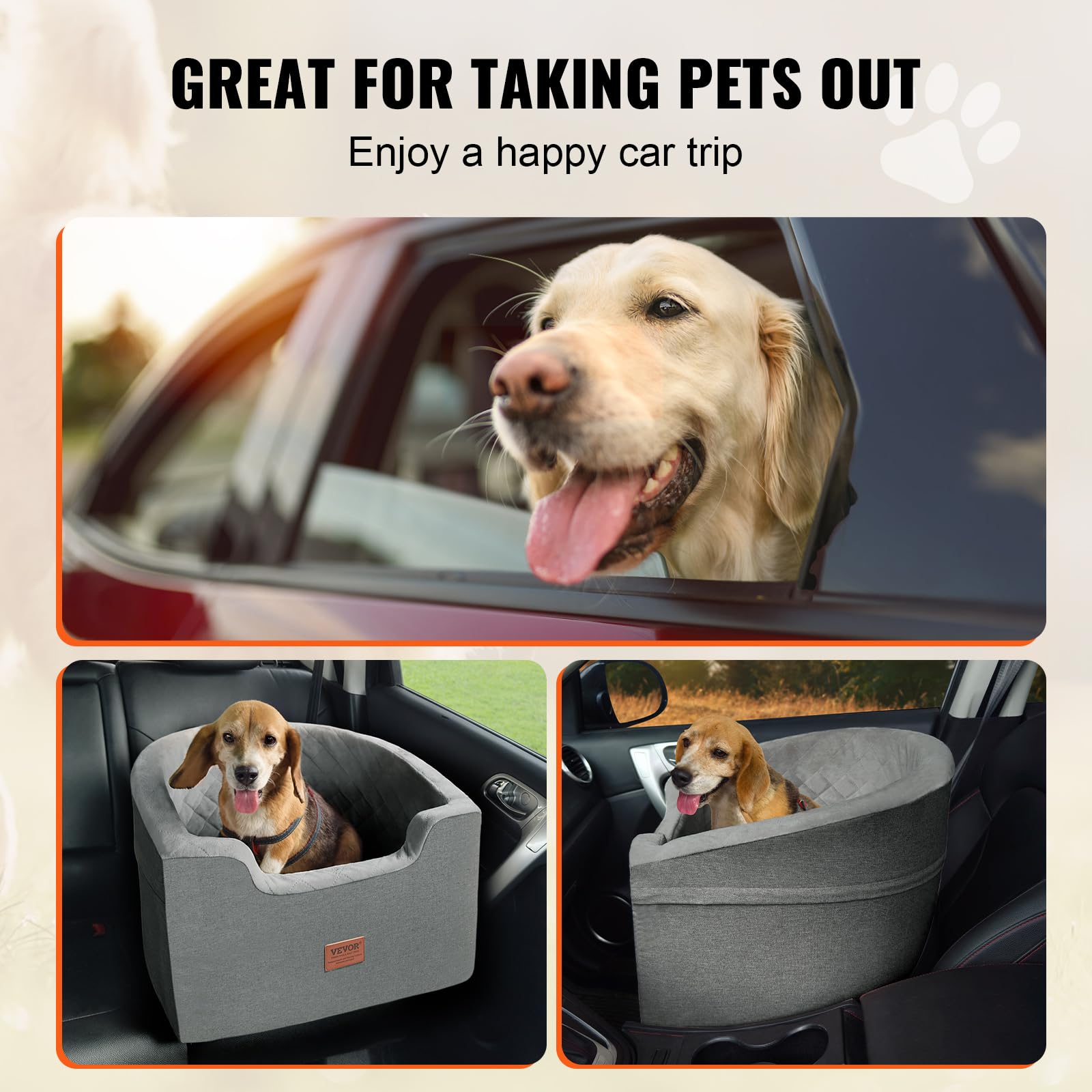 VEVOR Dog Car Seat, Waterproof Booster Seat for Small/Medium Dogs up to 55lbs, Dark Gray, Oxford Fabric with Sponge Filling, Model JBS-PCS-006