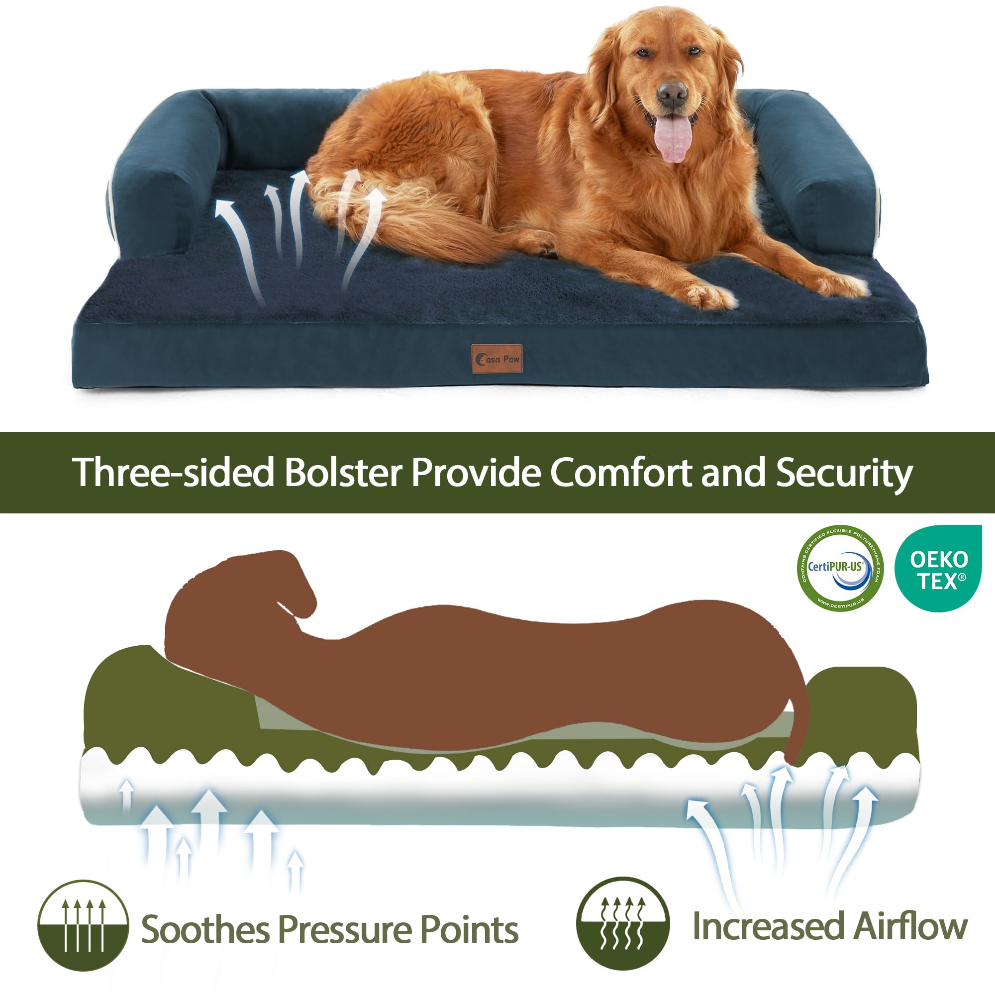 Casa Paw Orthopedic Dog Bed for Extra Large Dogs, Waterproof XLarge Memory Foam Couch Bed with Comfy Bolster, Removable Washable