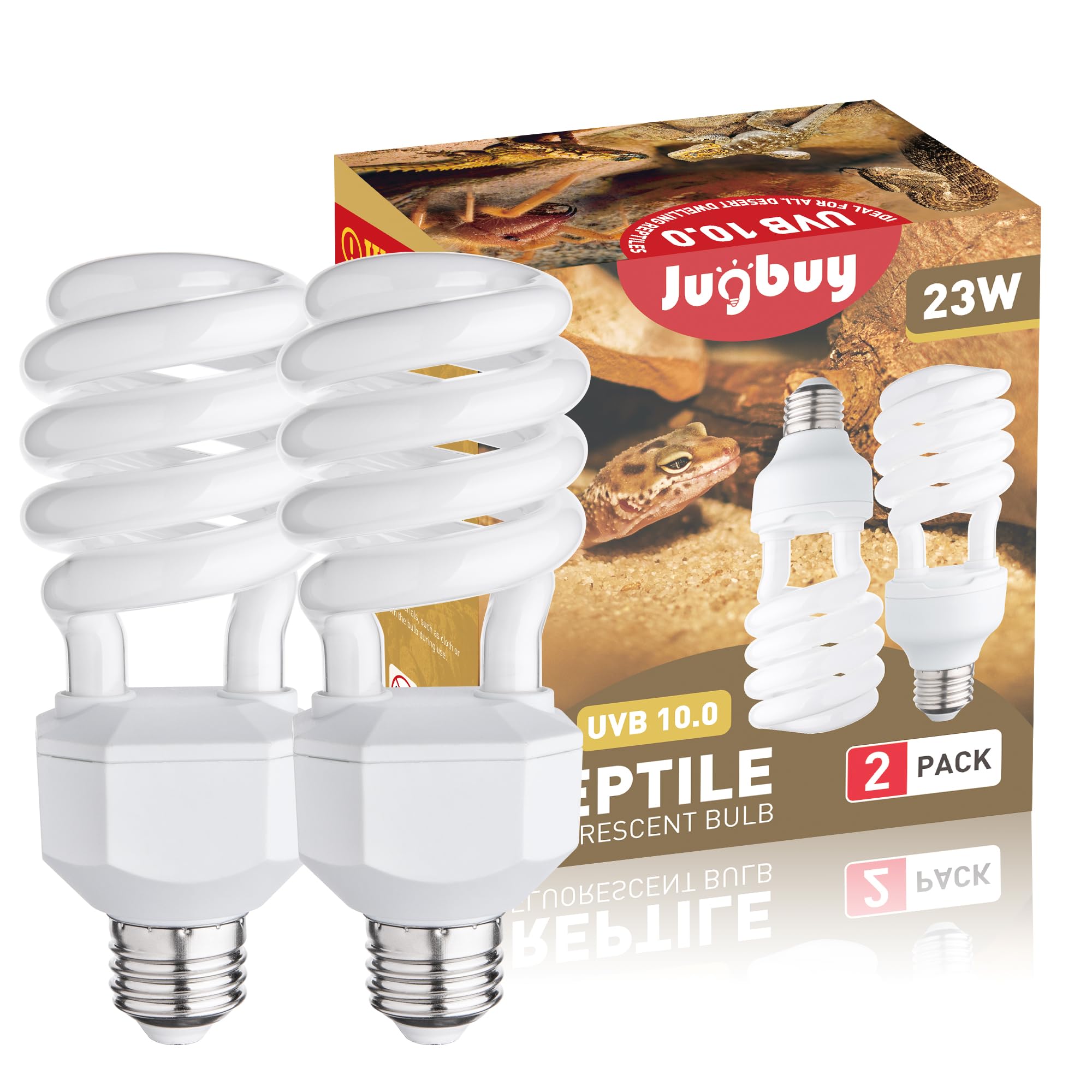 Jugbuy UVB Reptile Light Bulb 10.0, 23W UV Spiral Compact Florescent Terrarium Lamp Ideal for Desert Reptiles Bearded Dragons Li