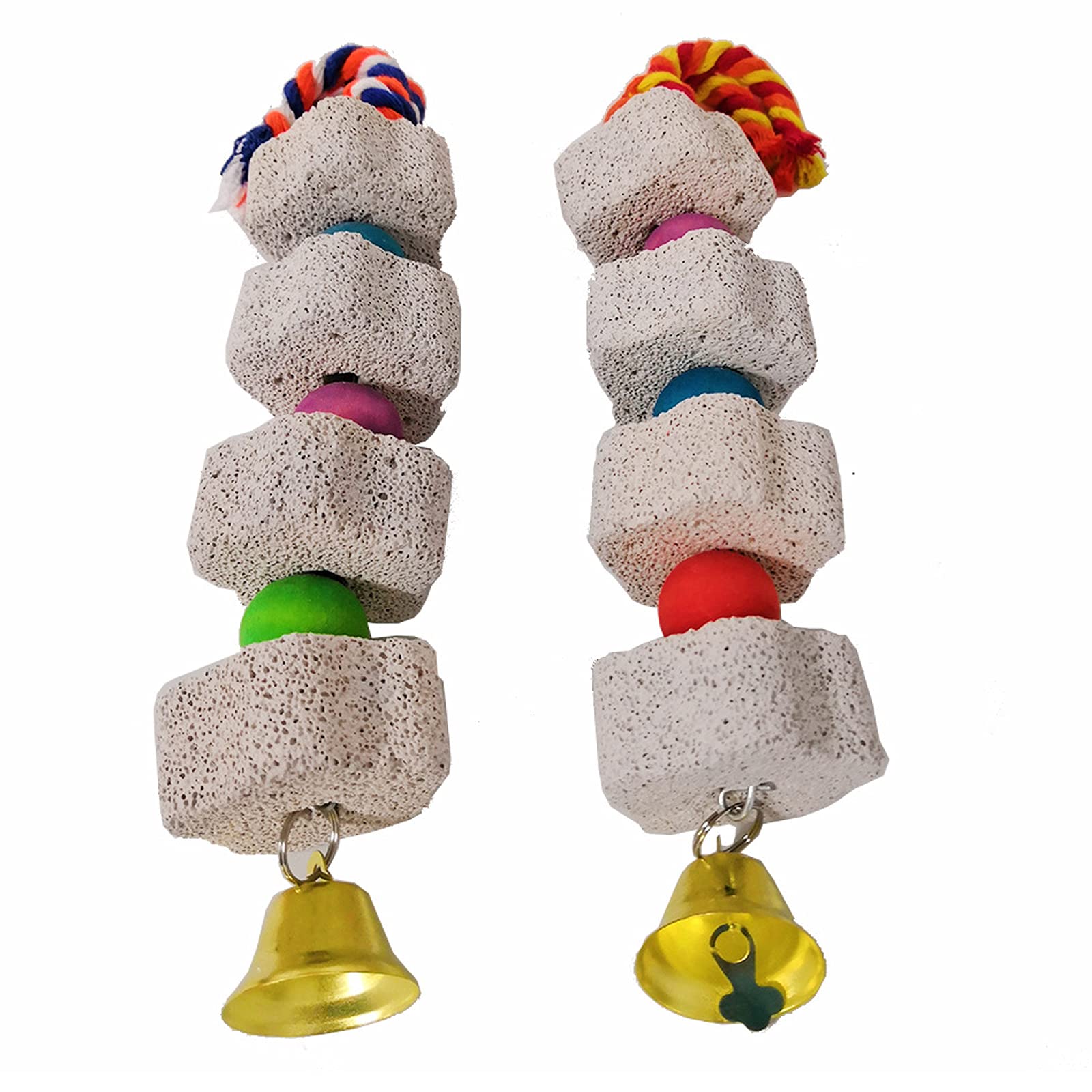 Ismeally 2Pcs Pet Bird Chew Toy Lava Stone Parrot Chewing Toy Beak Trimmer Calcium Stone With Bell For Hamster Chinchilla Rabbit