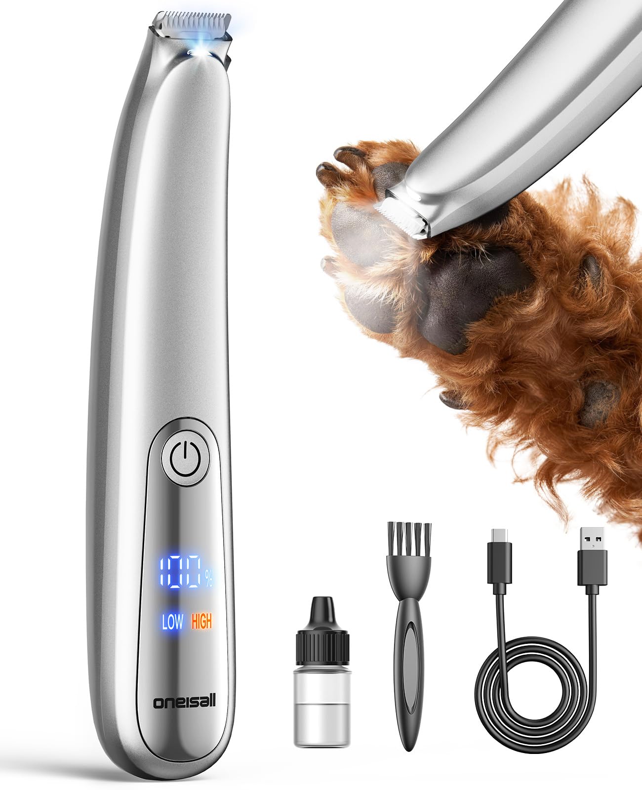 oneisall Dog Paw Trimmer, 2-Speed Up to 6500 RPM, 35dB Low-Noise Safe Pet Paw Trimmers with Curved Blade and LED Light, Cordless