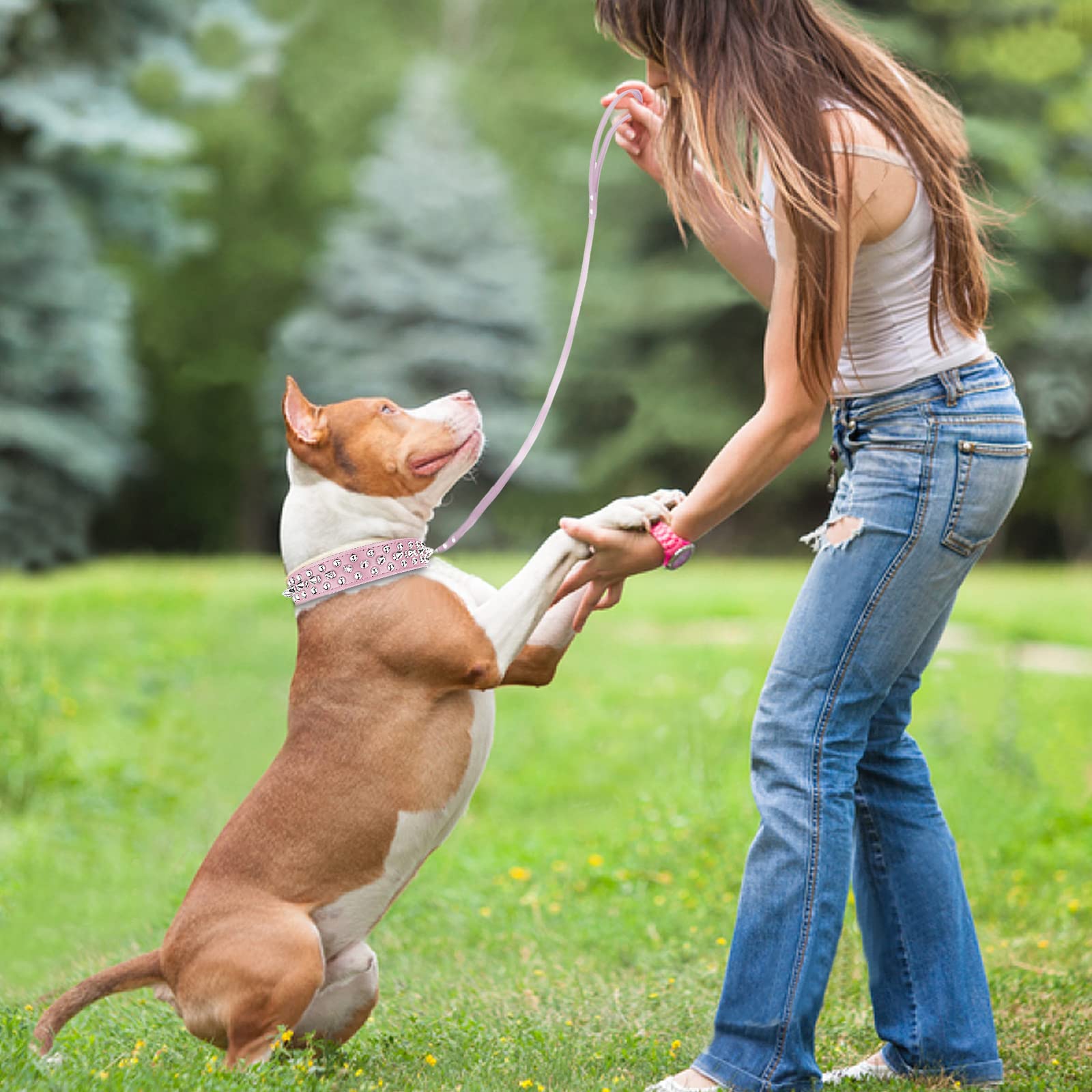 Epesiri Spiked Studded Leather Dog Collar & Leash, Pink, XXL (18.9-20.9), Durable PU Leather for Pit Bull & Large Pets