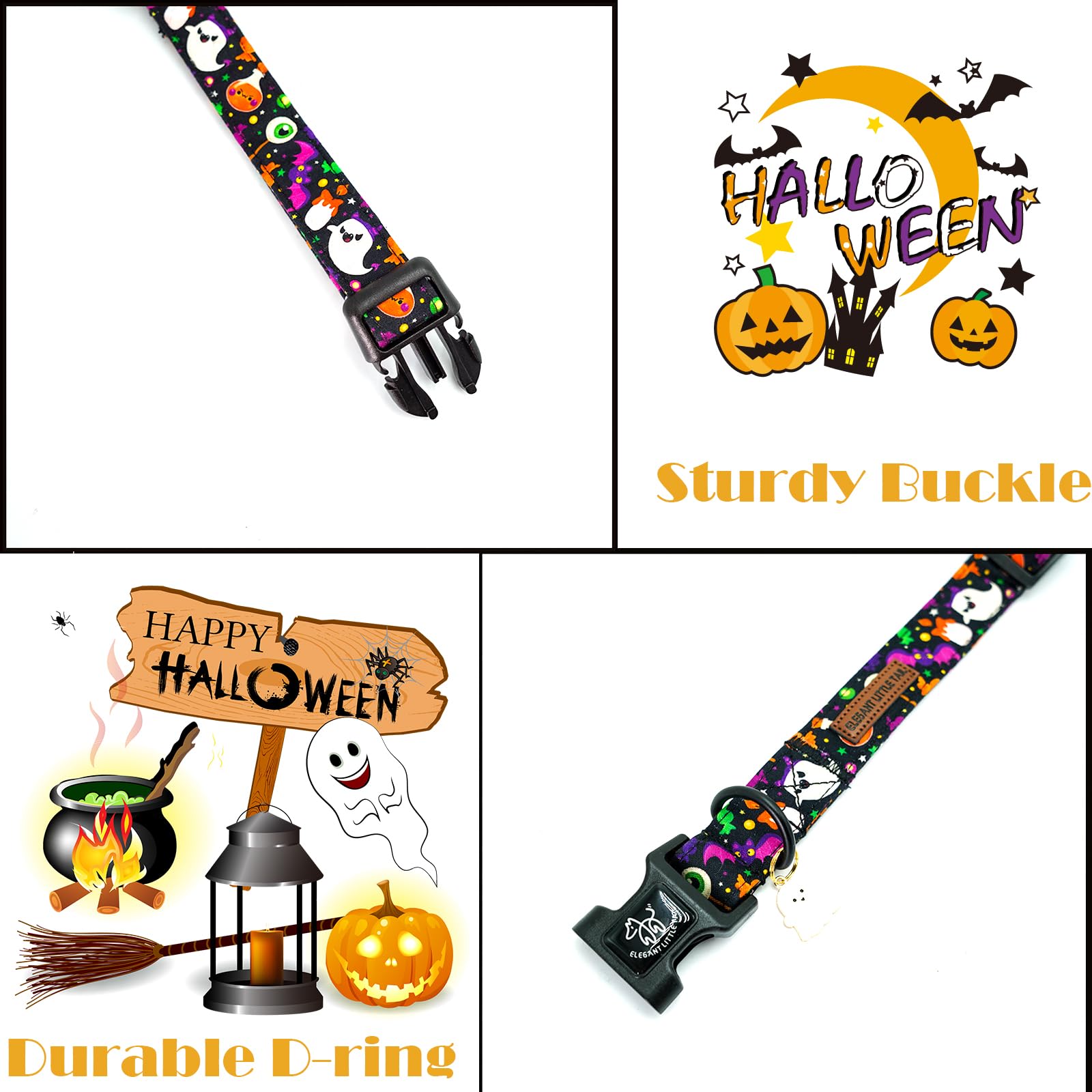 Elegant Little Tail Halloween Dog Collar, Ghosts Print Fall Male Cute Puppy Adjustable Cotton Pet Collar With Quick Release Buck
