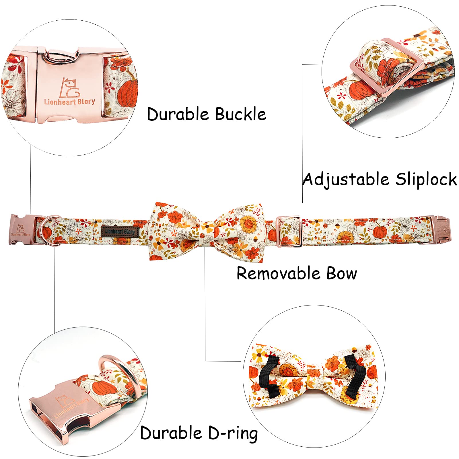 Lionheart Glory Premium Dog Collars, Bowtie Dog Collar, Heavy Duty Adjustable Fall Dog Collar For Medium Dogs Pumpkin Dog Collar, Collar Dog Bow