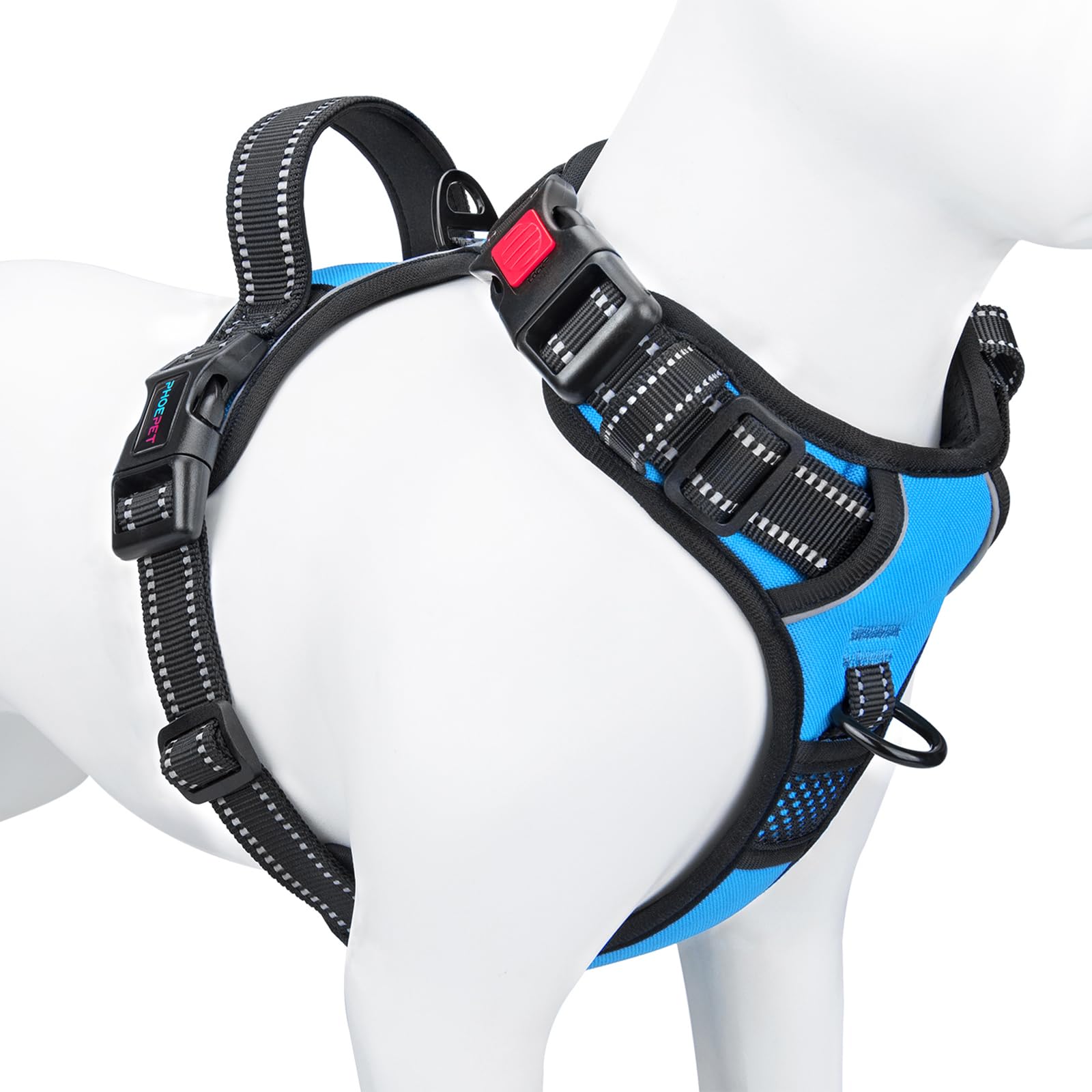 Phoepet Reflective Dog Harness Large Breed Adjustable No Pull Vest With Handle 2 Metal Rings 3 Buckles [Easy To Put On & Take Of