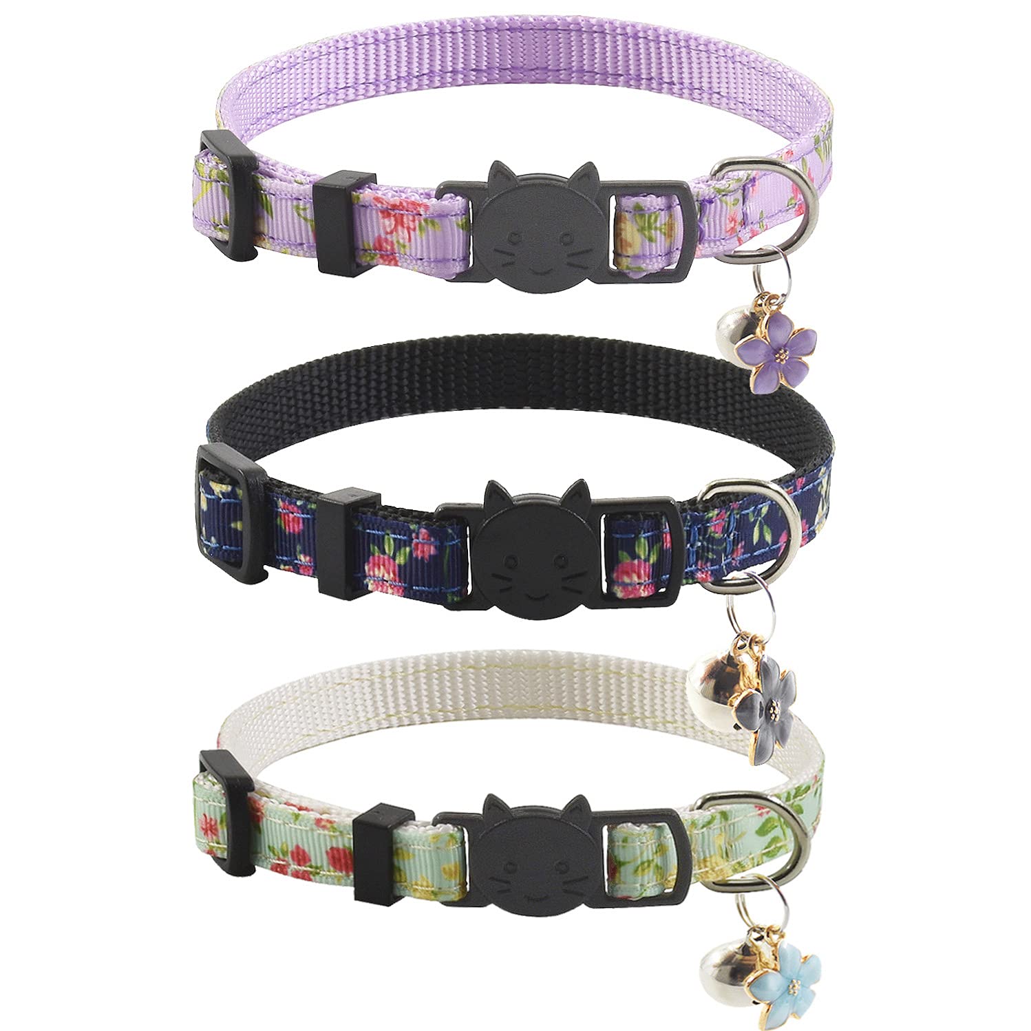 3 Pack Breakaway Cat Collars With Bell And Accessories, Flower Pattern Adjustable Cute Kitten Collars Floral For Kitty Puppy 7.5-11In …