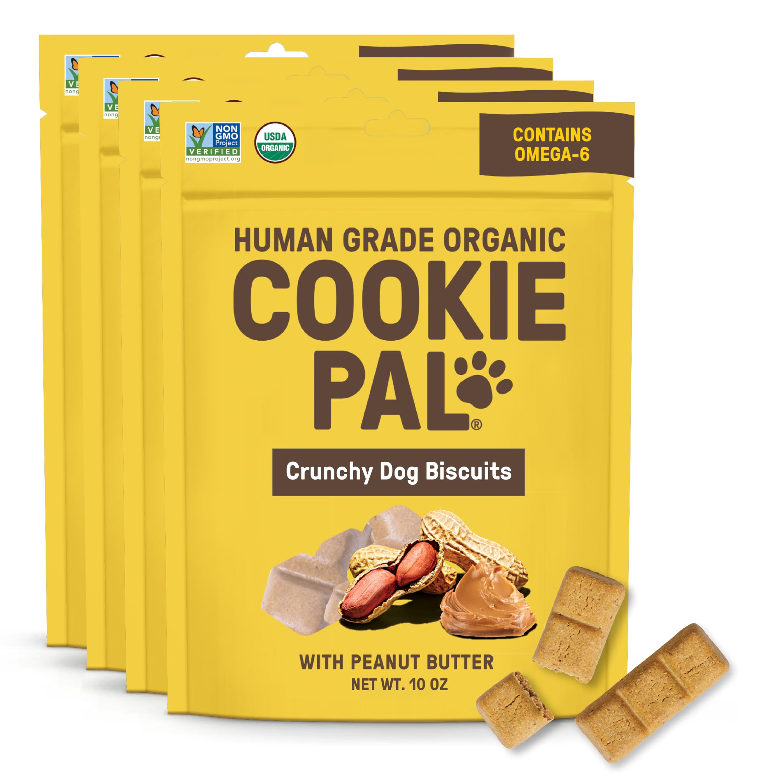 CookiePal Dog Treats, Crunchy Peanut Butter Puppy Training Treats, Human Grade USDA Organic, Natural Dog Biscuits, 10oz (Pk of 4