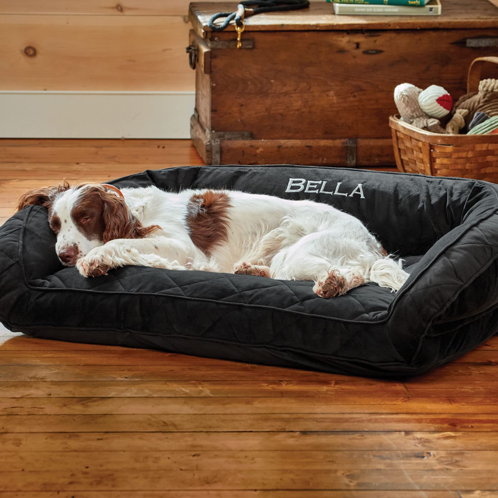 Orvis Comfortfill-Eco Bolster Dog Bed - Plush Rectangular Dog Beds With Three-Sided Bolster For Leaning, Slate - Extra Large