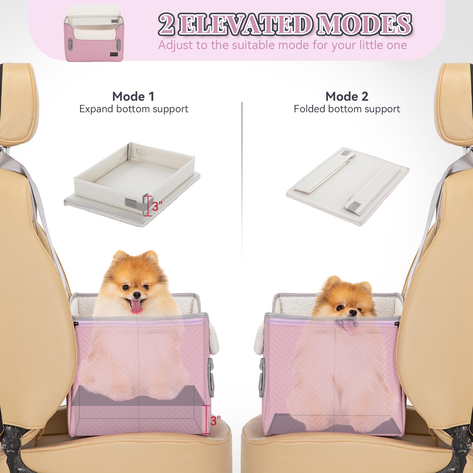 Petsfit Dog Car Seats For Small Dogs, Portable Puppy Car Saet For Car With Clip-On Leash, Adjustable Straps Suitable For Small Pets Up To 25Lbs (Light Pink)