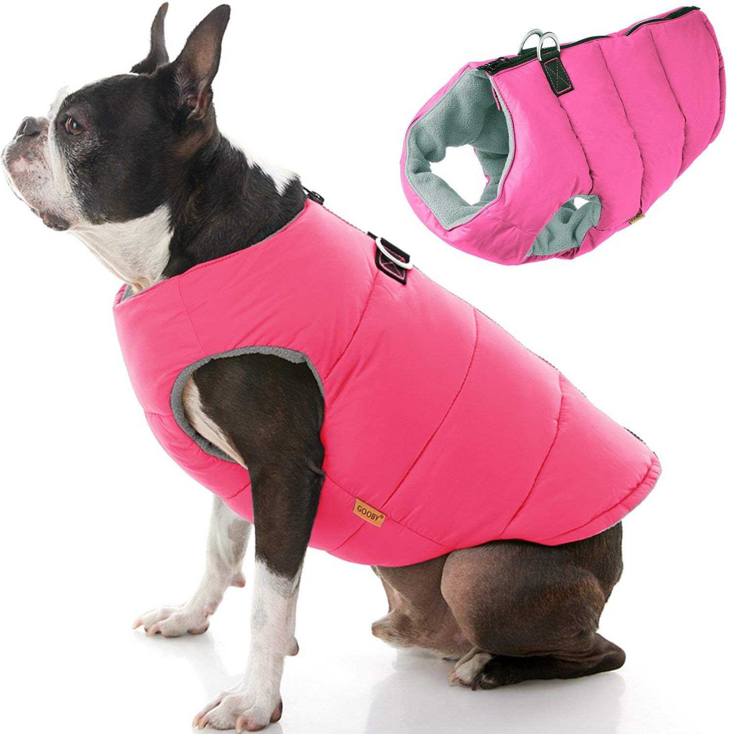 Gooby Padded Vest Dog Jacket - Solid Pink, Large - Warm Zip Up Vest Fleece Jacket With Dual D Ring Leash - Winter Water Resistan