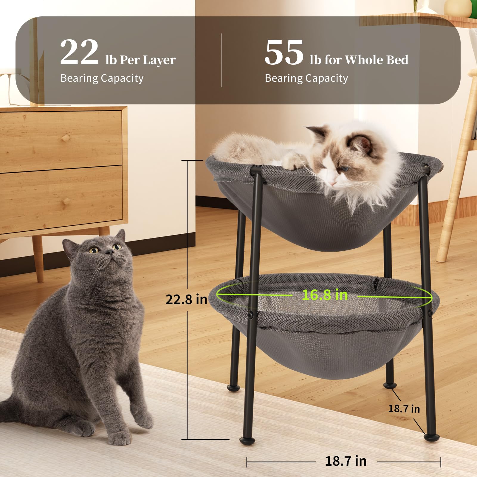 Junspow Double Cat Bed Grey, Breathable Kitty Bed For 2 Cats With 4 Adjustable Feet & Anti-Slip Mats, Easy Assembly Cat Hammock