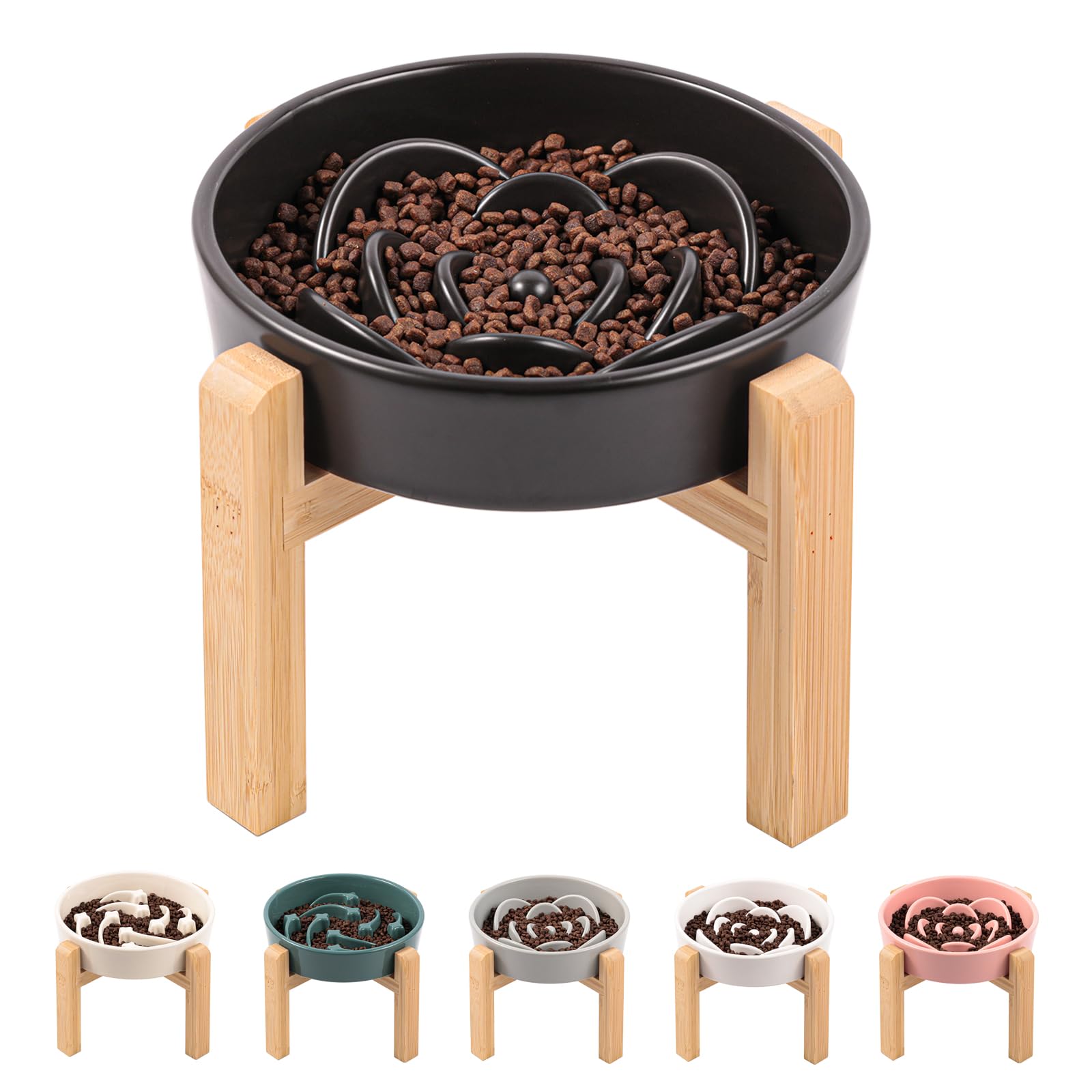 Black Ceramic Dog Bowl Slow Feeder for Medium and Large Breed,Elevated/Raised 1.5 Cup 8.26 in Slow Feeding Bowl,Puzzle Dog Food 
