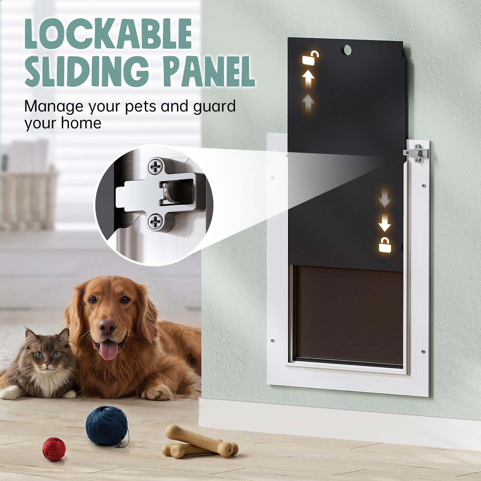 PETCOMING 3-Flap Large Dog Door - All Aluminum, White, Wall Mount, 2 Locks, Insulation, Magnetic Flaps, Model FKLHJDD3, Up to 110 LB