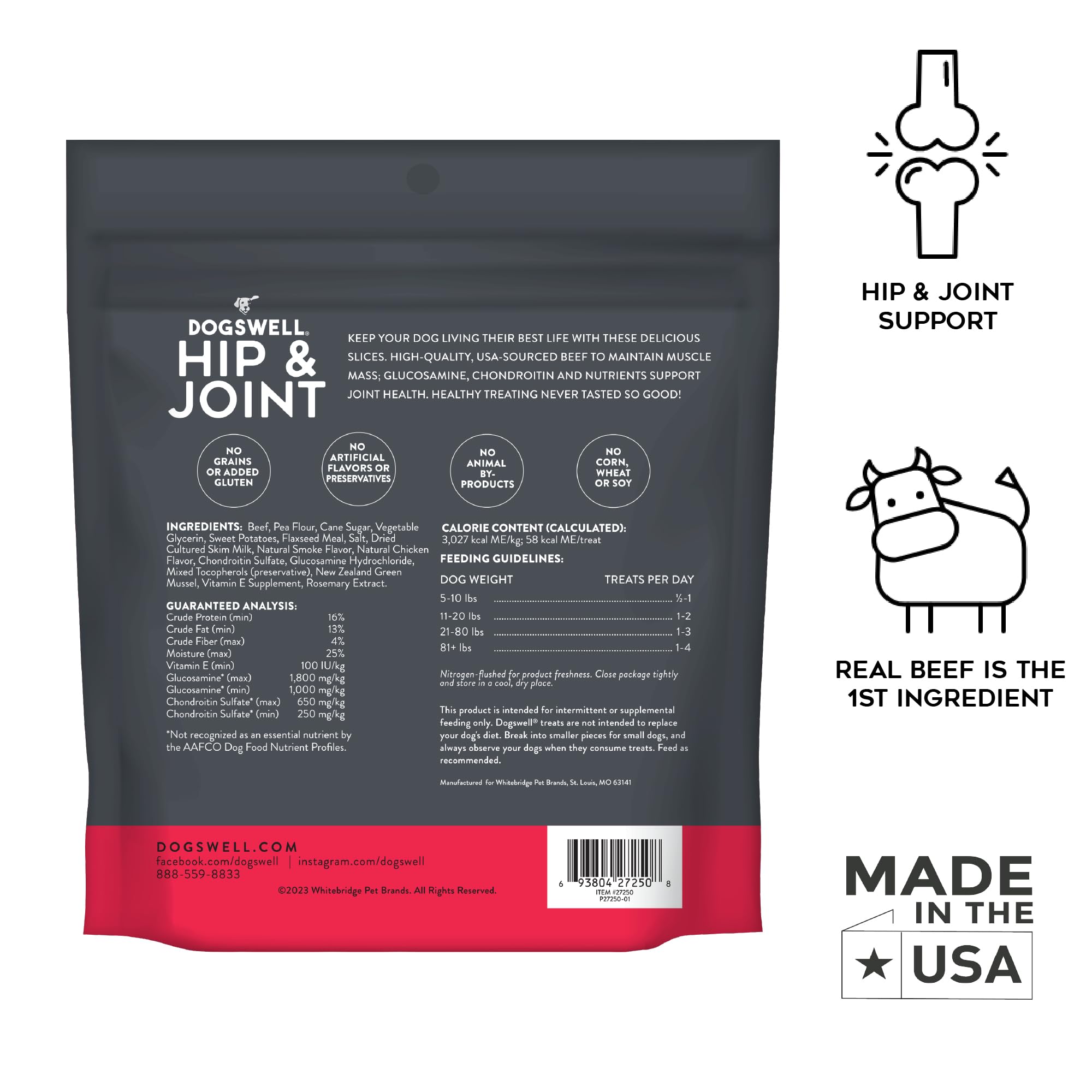 DOGSWELL Hip & Joint Slices Functional Dog Treats, Beef 8 oz. Bag