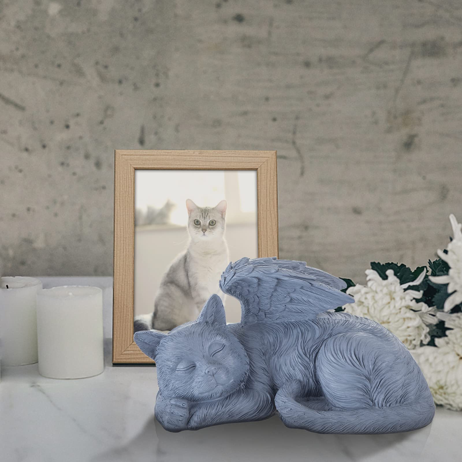 Newdream:The Cat Angel Memorial Statue,Cat Angle Memorial Placed In Indoor Angel Decorations, Pet Tombstone Cat Figurines, Pet Grave Markers Cat In Angel Wing Figurine(Big Greey)