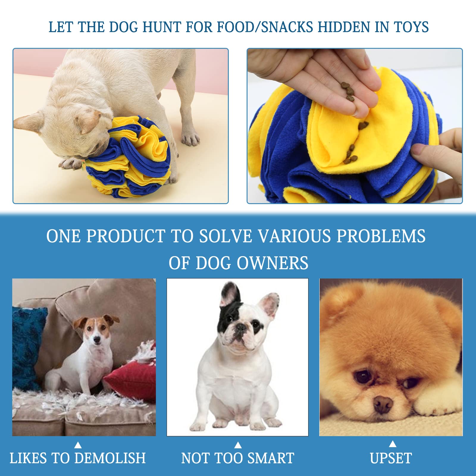 Wishlotus Dog Snuffle Ball - Interactive Puzzle Toys For Dogs, Enrichment Feeding Mat Slow Feeder Stress Relief (Yellow+Blue)