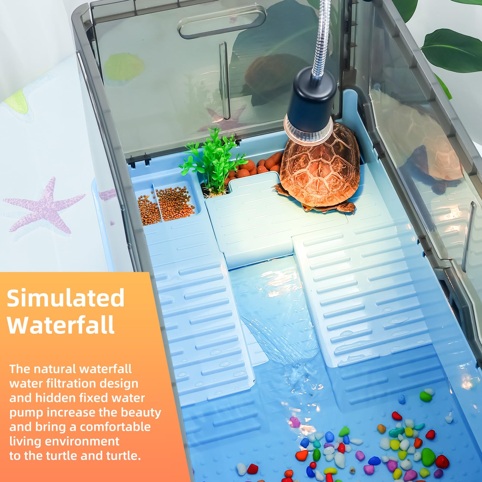 RunDuck Turtle Habitat Tank Kit - XL Blue, Plastic with Filtration, Heat Lamp & Water Pump for Fresh Water Fun