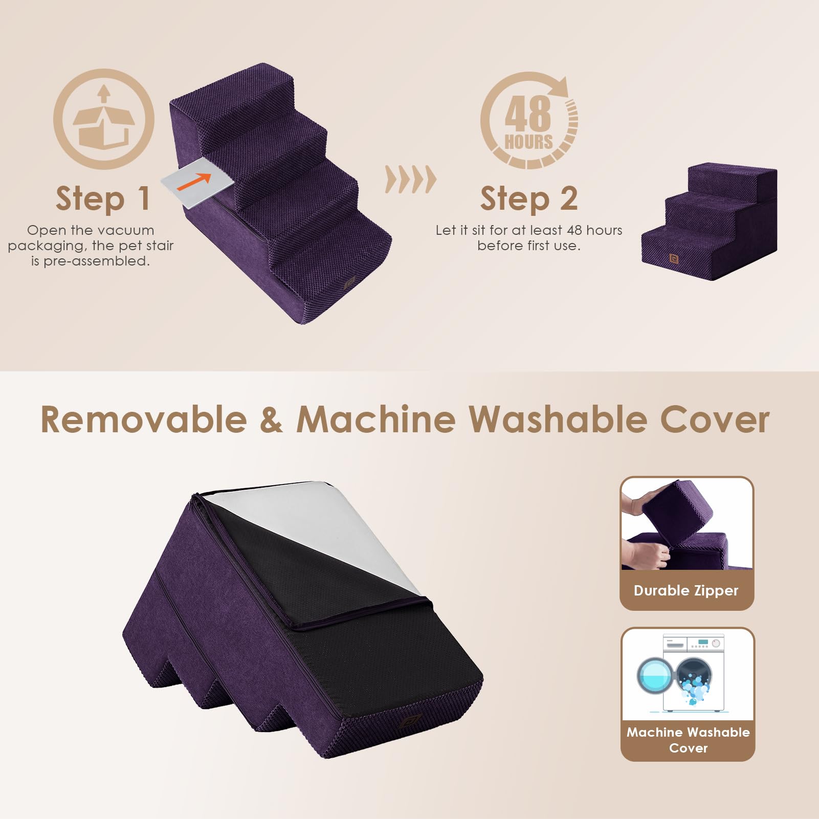 Eheyciga Dog Stairs For Small Dogs 13.5' H, 3-Step Dog Steps For Couch Sofa And Chair, Pet Steps For Small Dogs And Cats, Non-Slip Balanced Dog Indoor Ramp, Purple