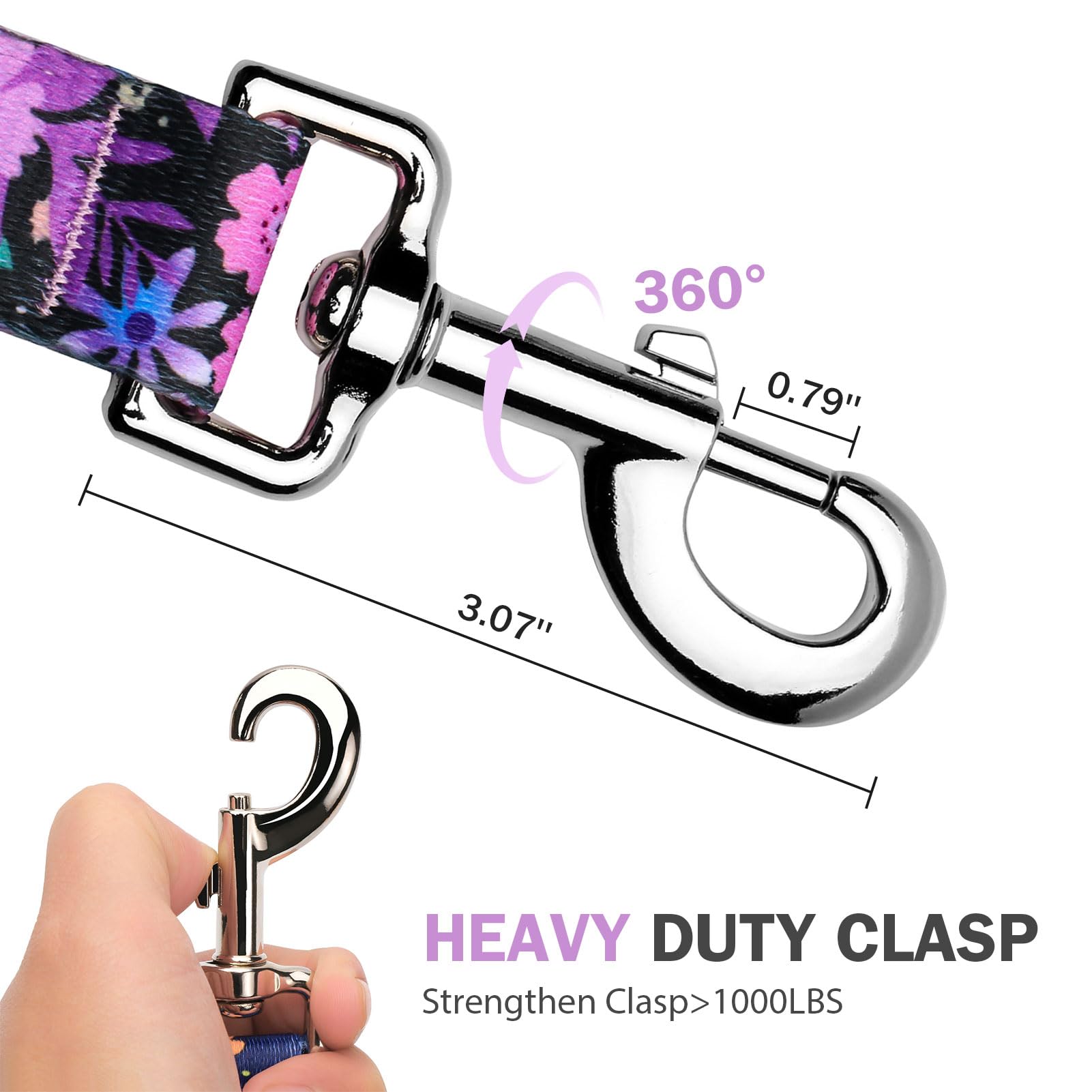 Hikiko Cute Girl Double Handle Dog Leash 6 Foot Padded Traffic Handles For Walking Training (Pinkish-Purple Floral, 6Ft)