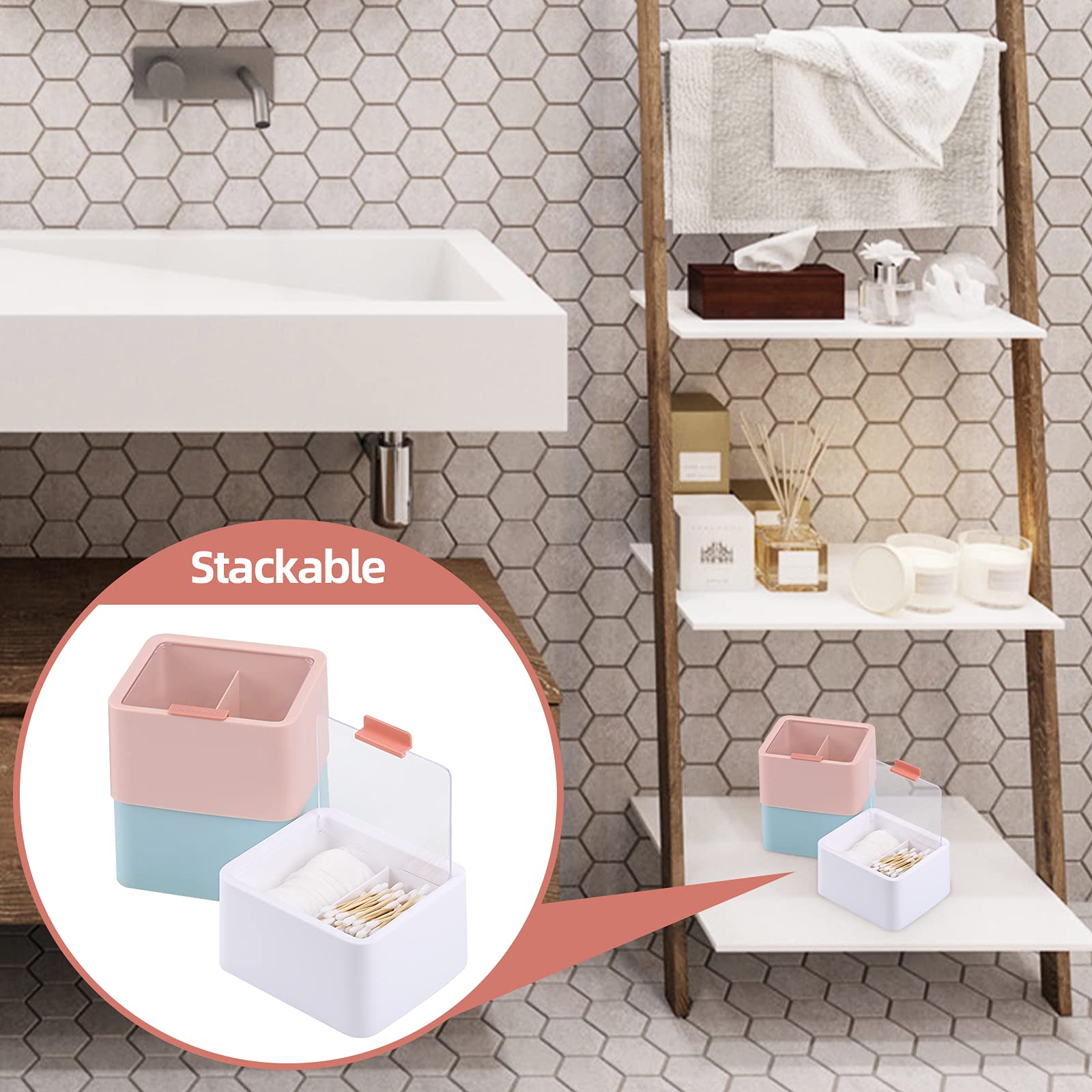 Tecbeauty 2 Slot Cotton Swab Ball Qtip Holder Jar Plastic Container Dispenser Box With Hinged Lid For Bathroom Home Storage Orga