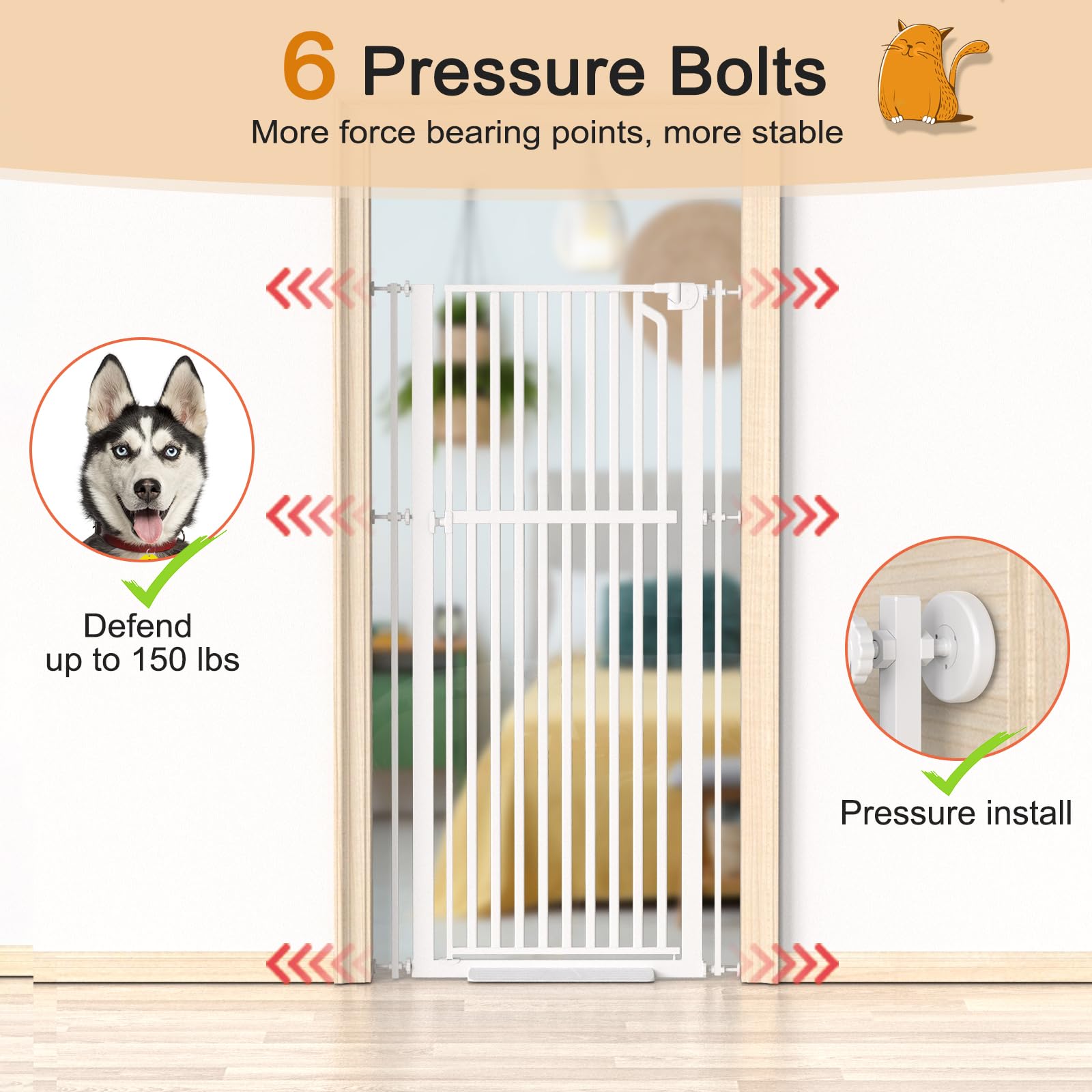 Senneny 63 Extra Tall Cat Gate Auto Close & One-Hand Open, Includes Extension Kit, No Drilling Pressure Mounted & Wall Mounted K